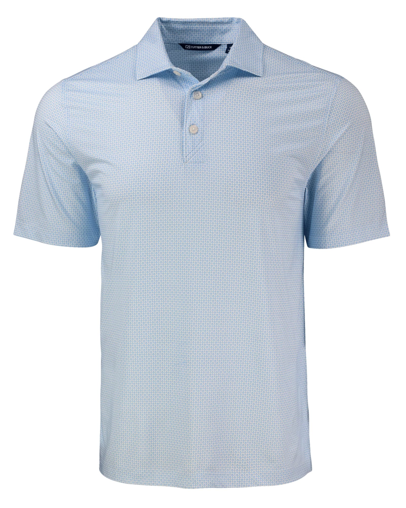 A light blue men's polo shirt featuring a diamond dot pattern and a logo on the chest. Short sleeves and a collar.