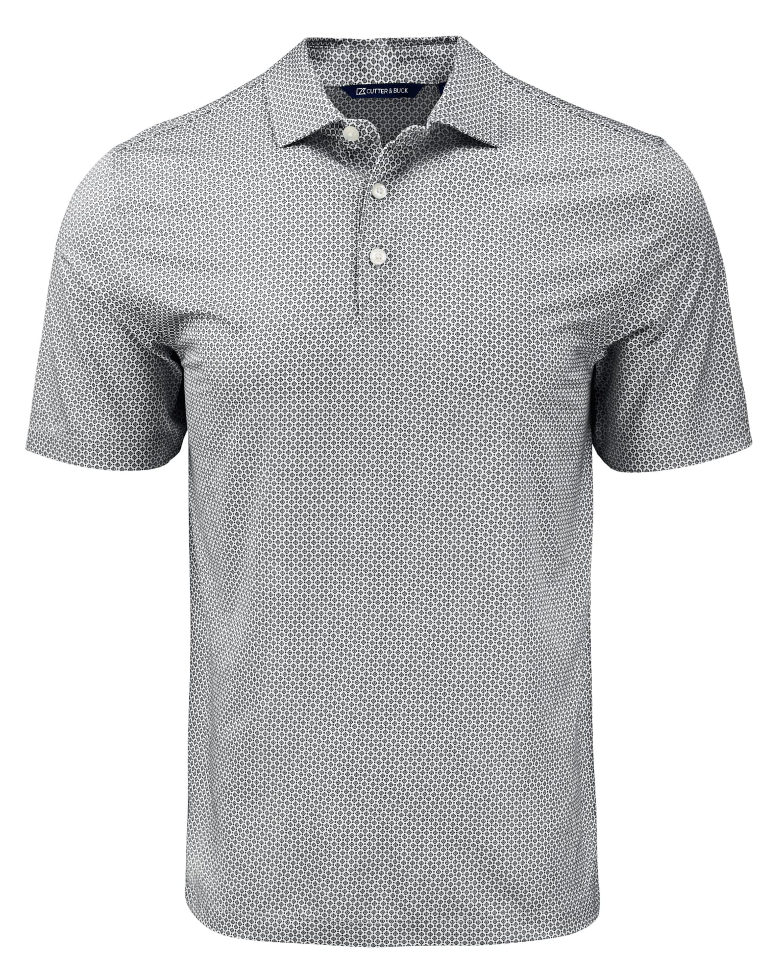 A light grey polo shirt featuring a diamond dot pattern and a collar, with a logo on the chest.