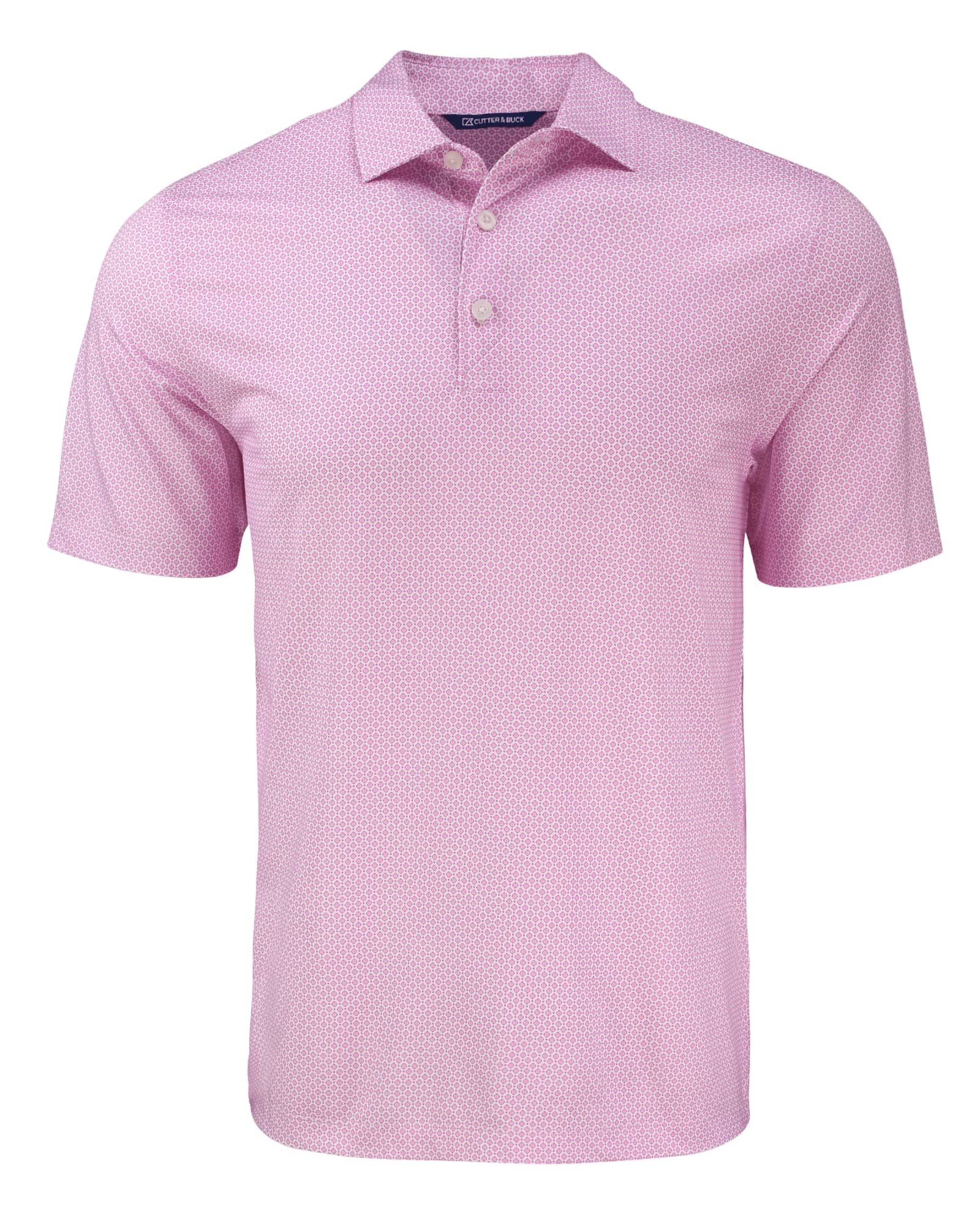 A pink polo shirt with a diamond dot pattern and a collar, featuring a logo on the chest.