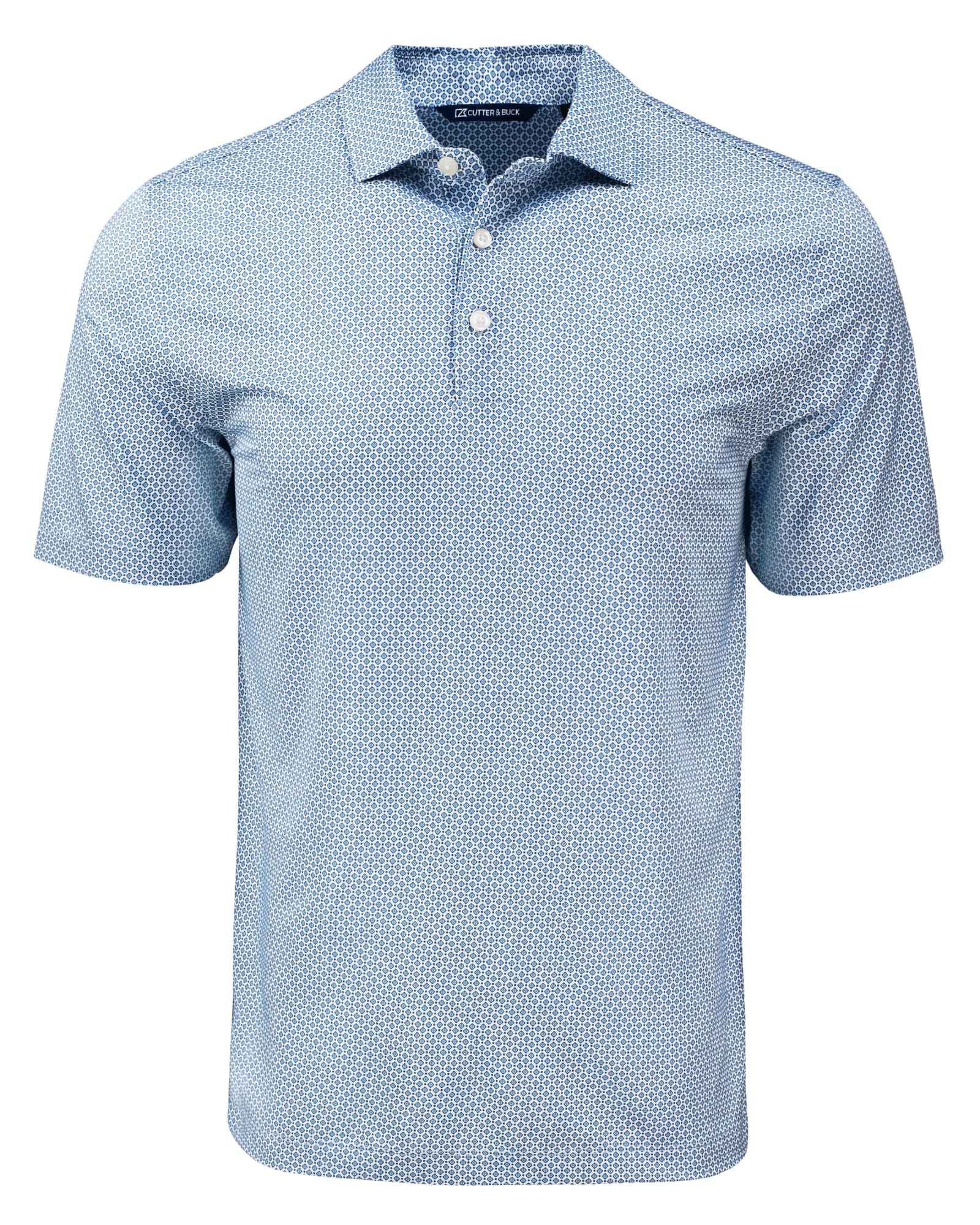 A light blue polo shirt with a diamond dot pattern and a collar. It features a three-button placket and branding.