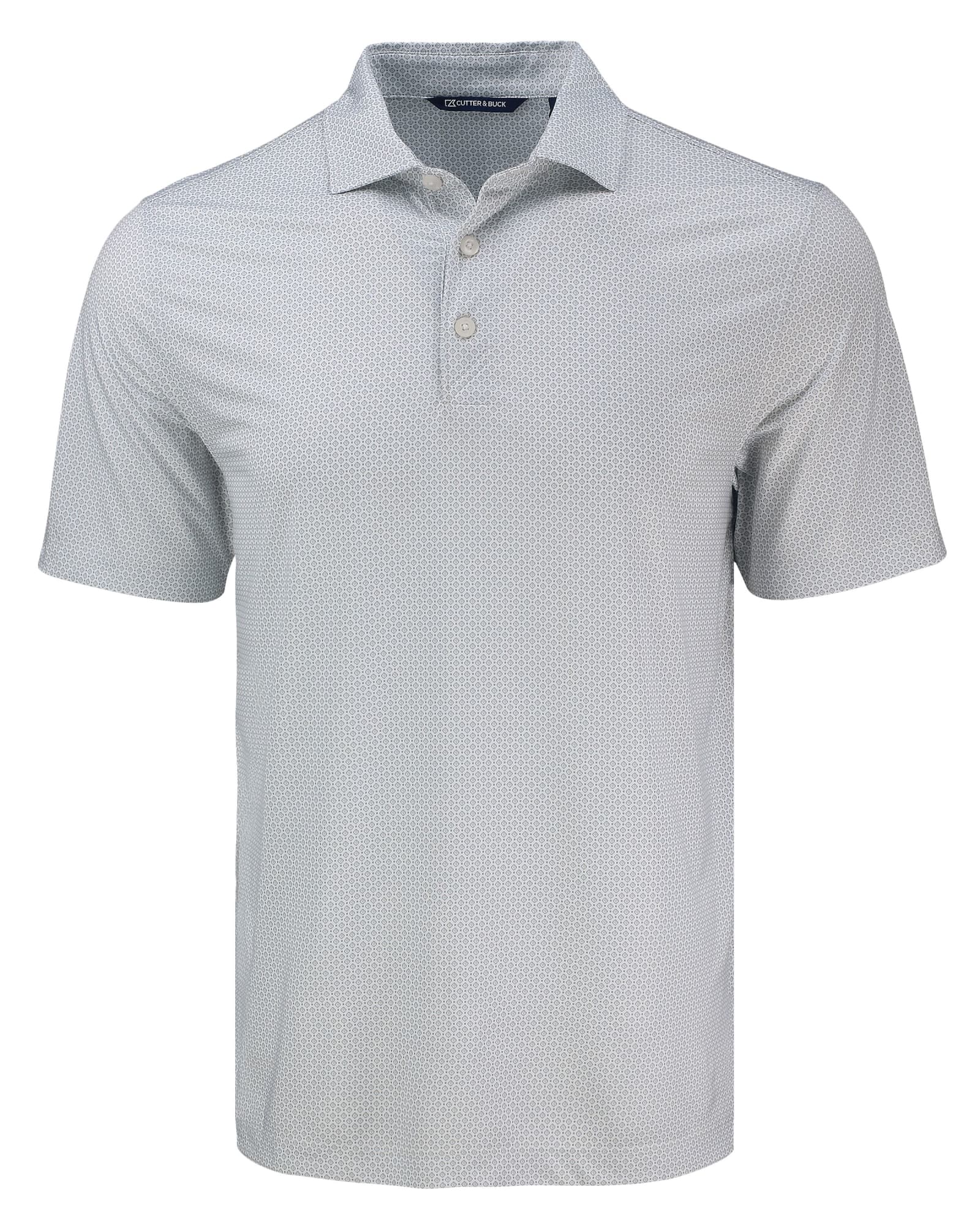 A light grey polo shirt with a diamond dot pattern, featuring a collar and three buttons. It has a logo on the chest.