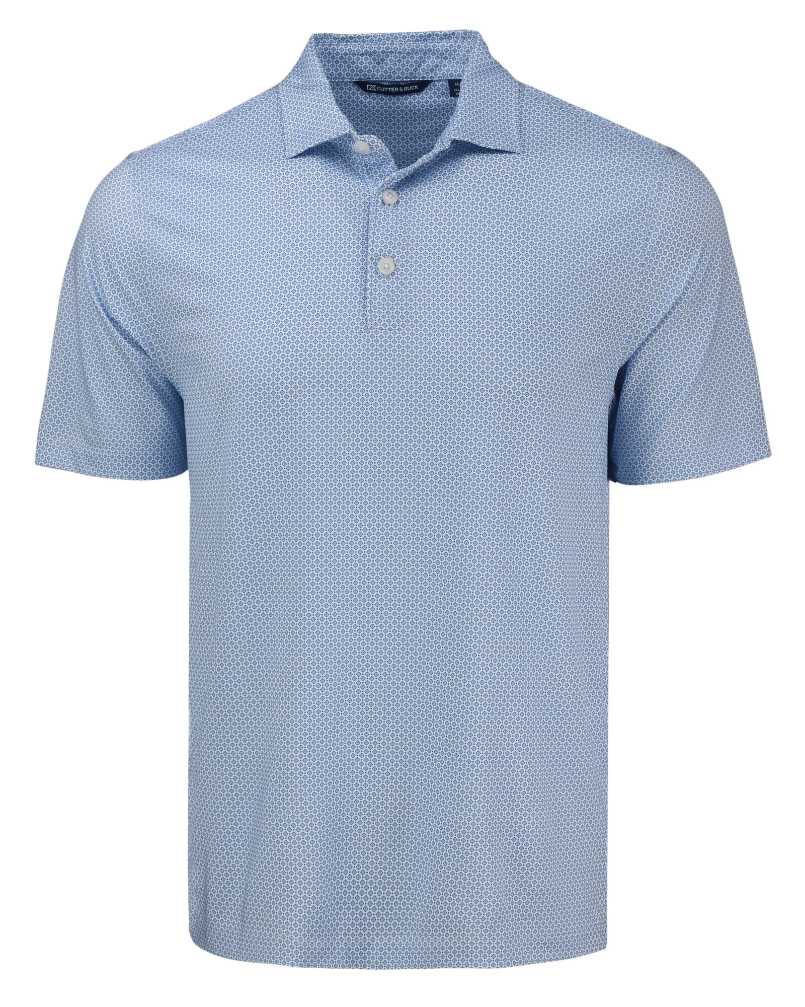 A light blue polo shirt featuring a diamond dot pattern and a collar. The shirt has a logo on it.