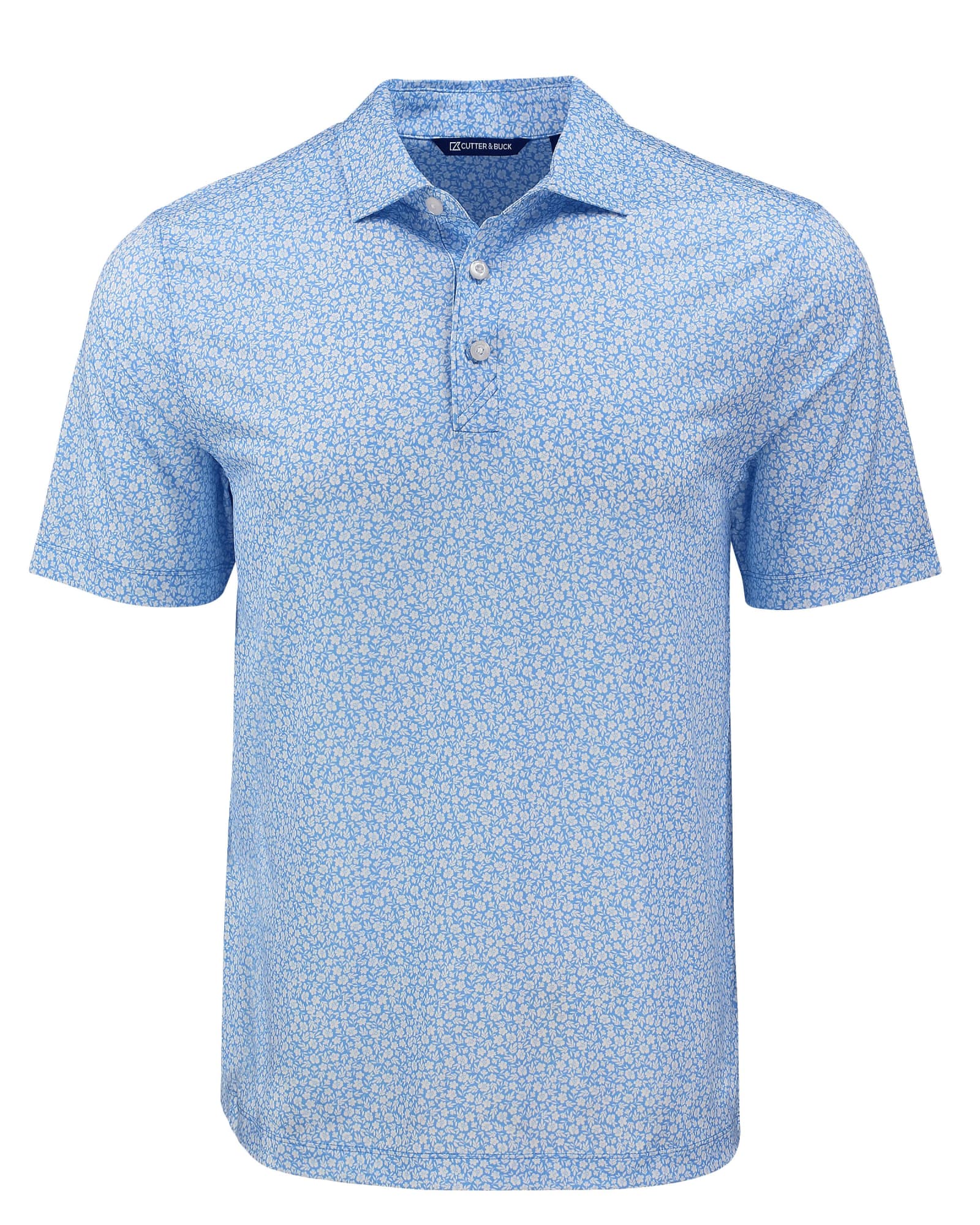 A light blue polo shirt featuring a floral print and a collar, with three buttons and a logo on the tag.