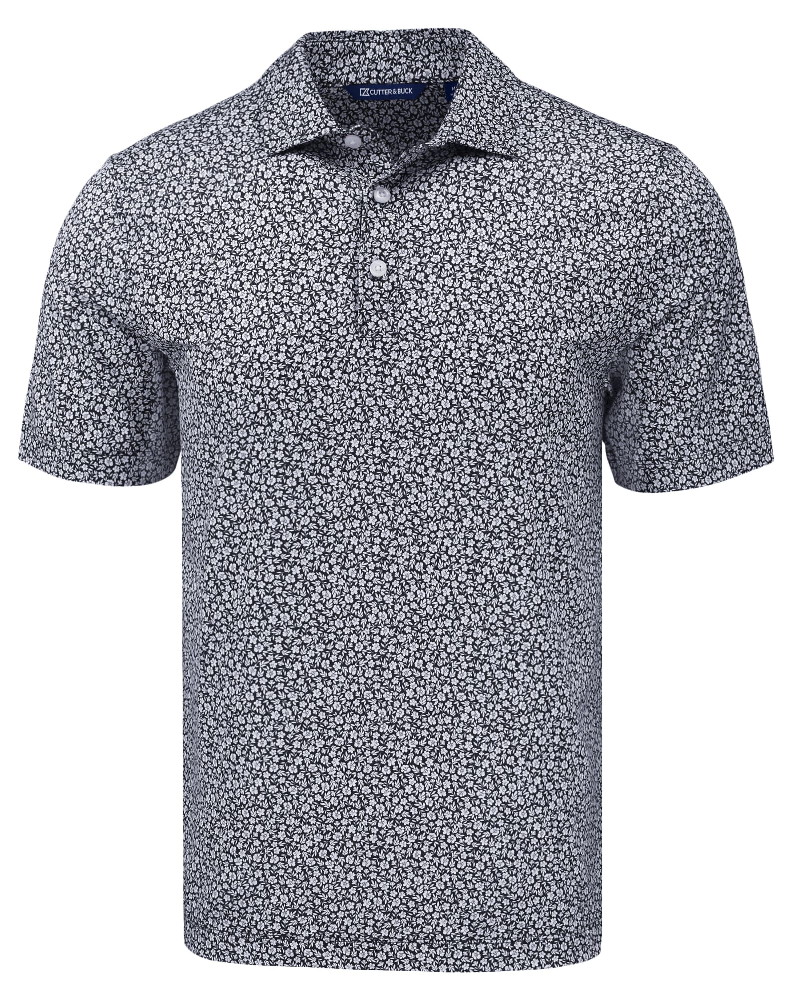A floral print polo shirt in navy and white, featuring a collar and button placket, with a logo on the chest.