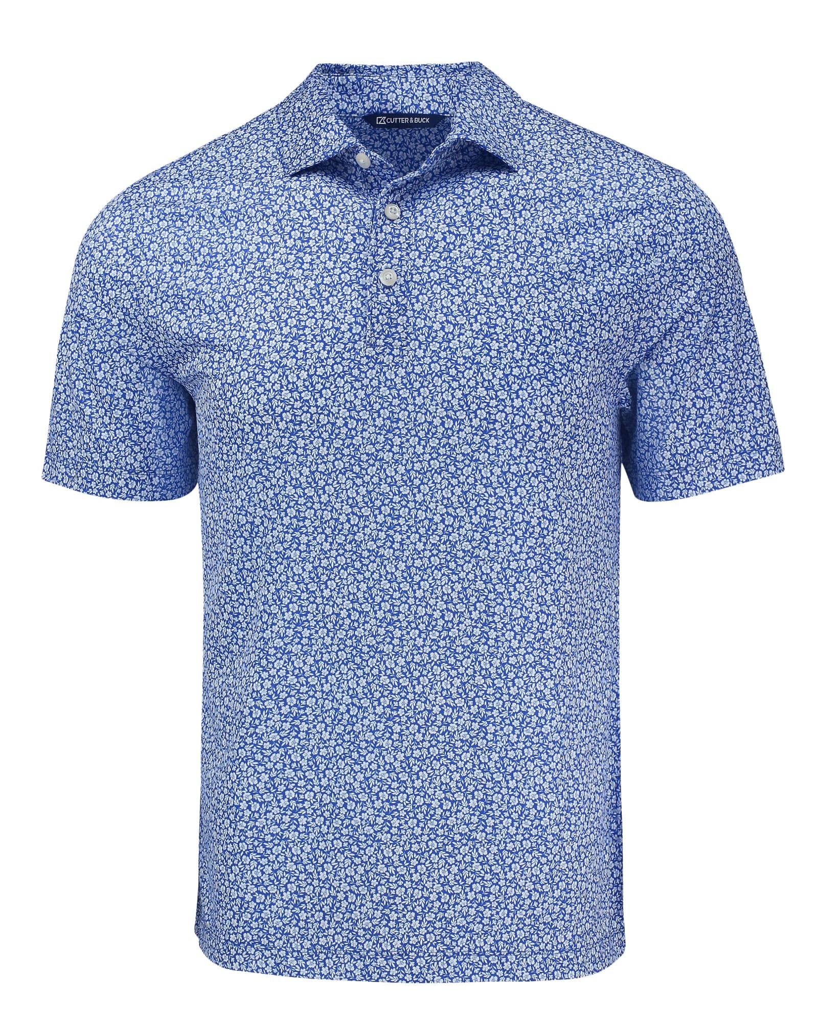 A blue polo shirt featuring a floral print, with a collar and three-button placket, includes a logo.