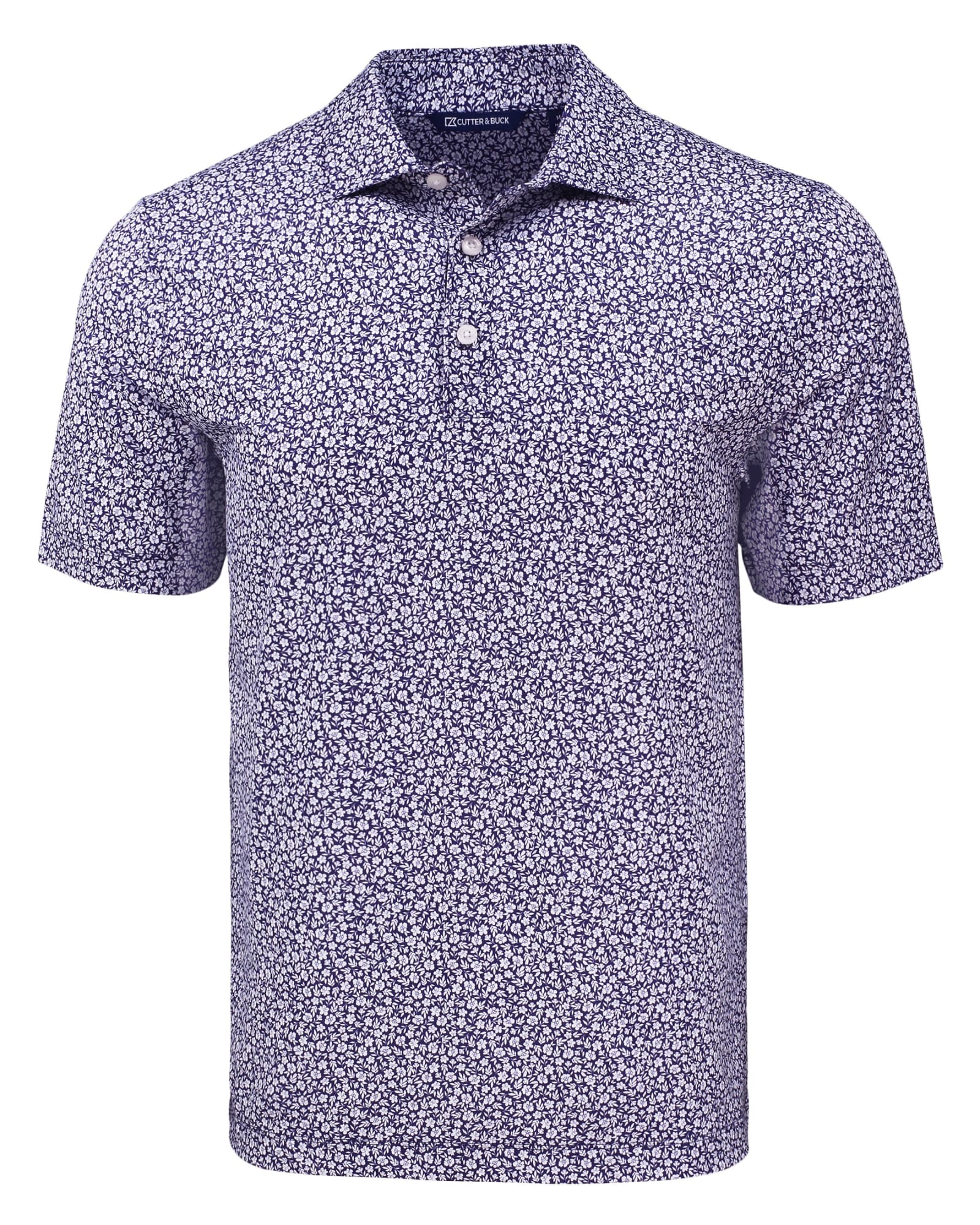 A navy polo shirt with a floral print design, featuring a three-button placket and short sleeves. It has a logo on the chest.
