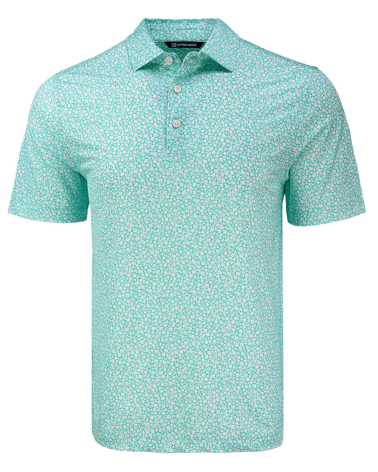 A light green polo shirt with a floral print and a three-button placket. It features a logo on the chest.