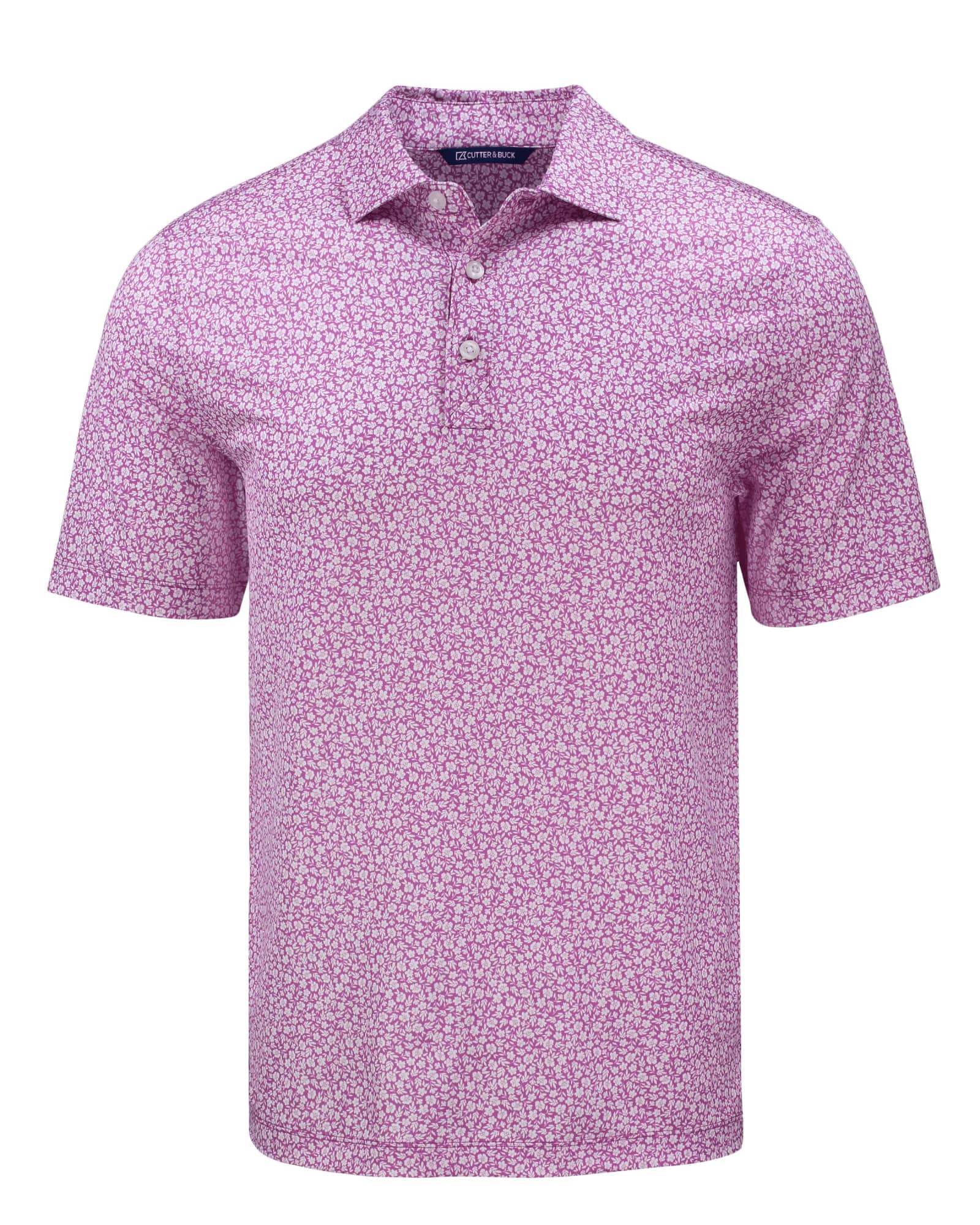 A short-sleeved polo shirt in pink with a floral print, featuring a collar and a logo on the chest.