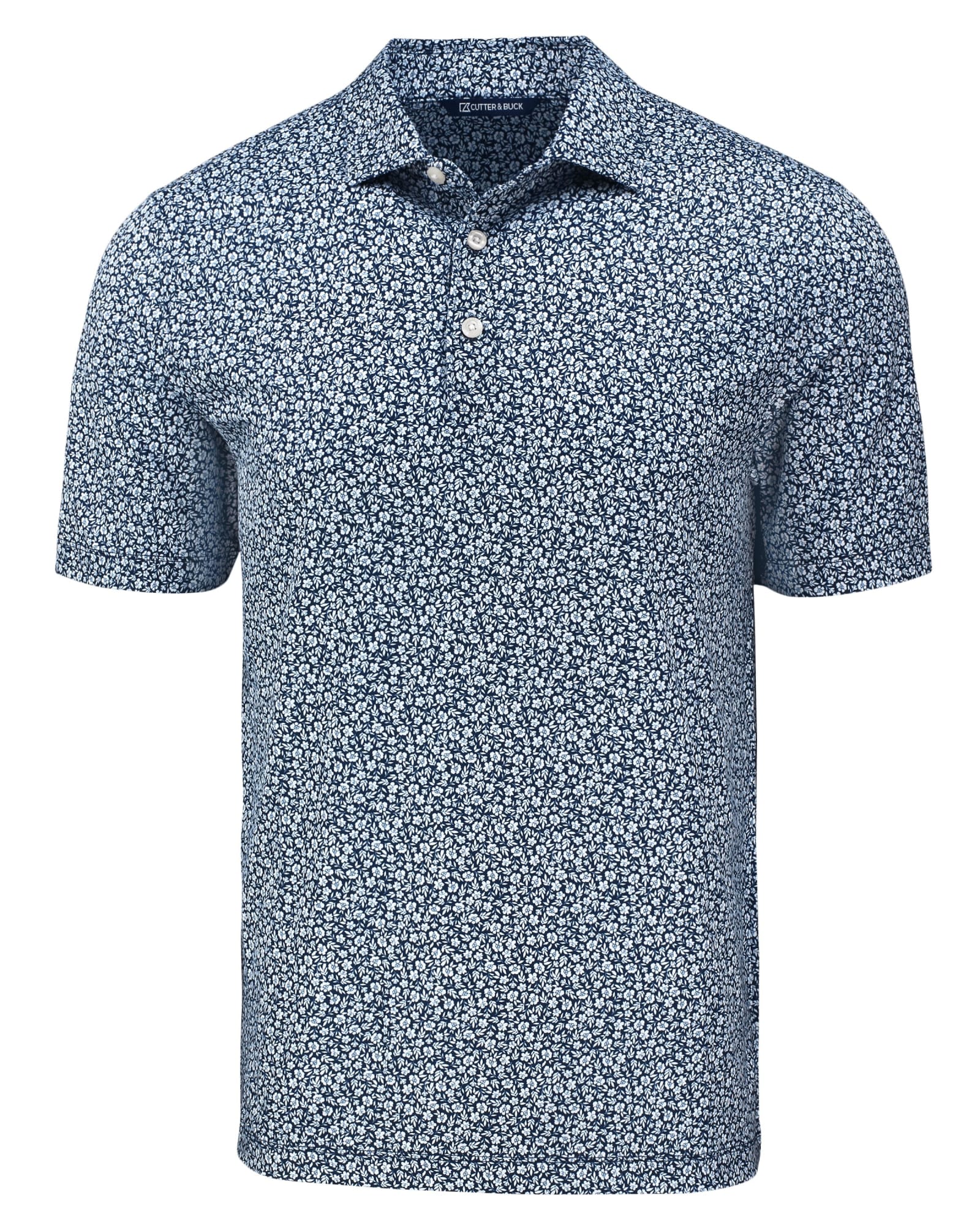 Men’s polo shirt in navy blue with a floral print pattern. Features a collar and three-button placket, with a logo.