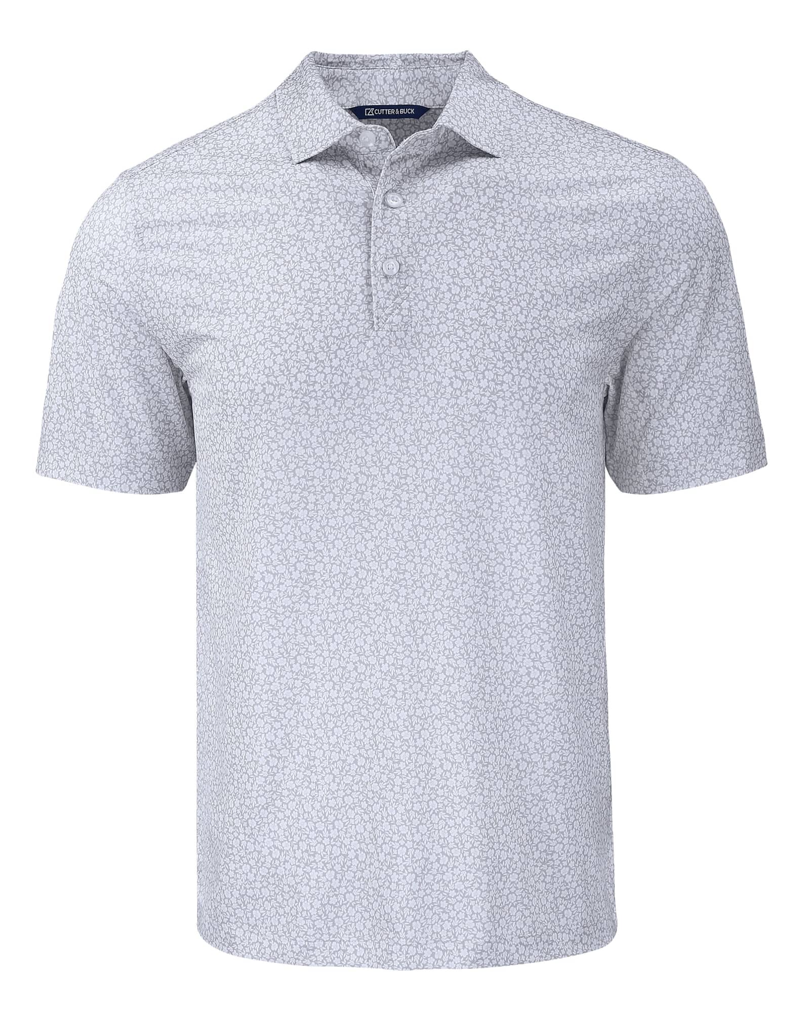 A light grey polo shirt with a floral print and a collar, featuring a front placket and a small logo.