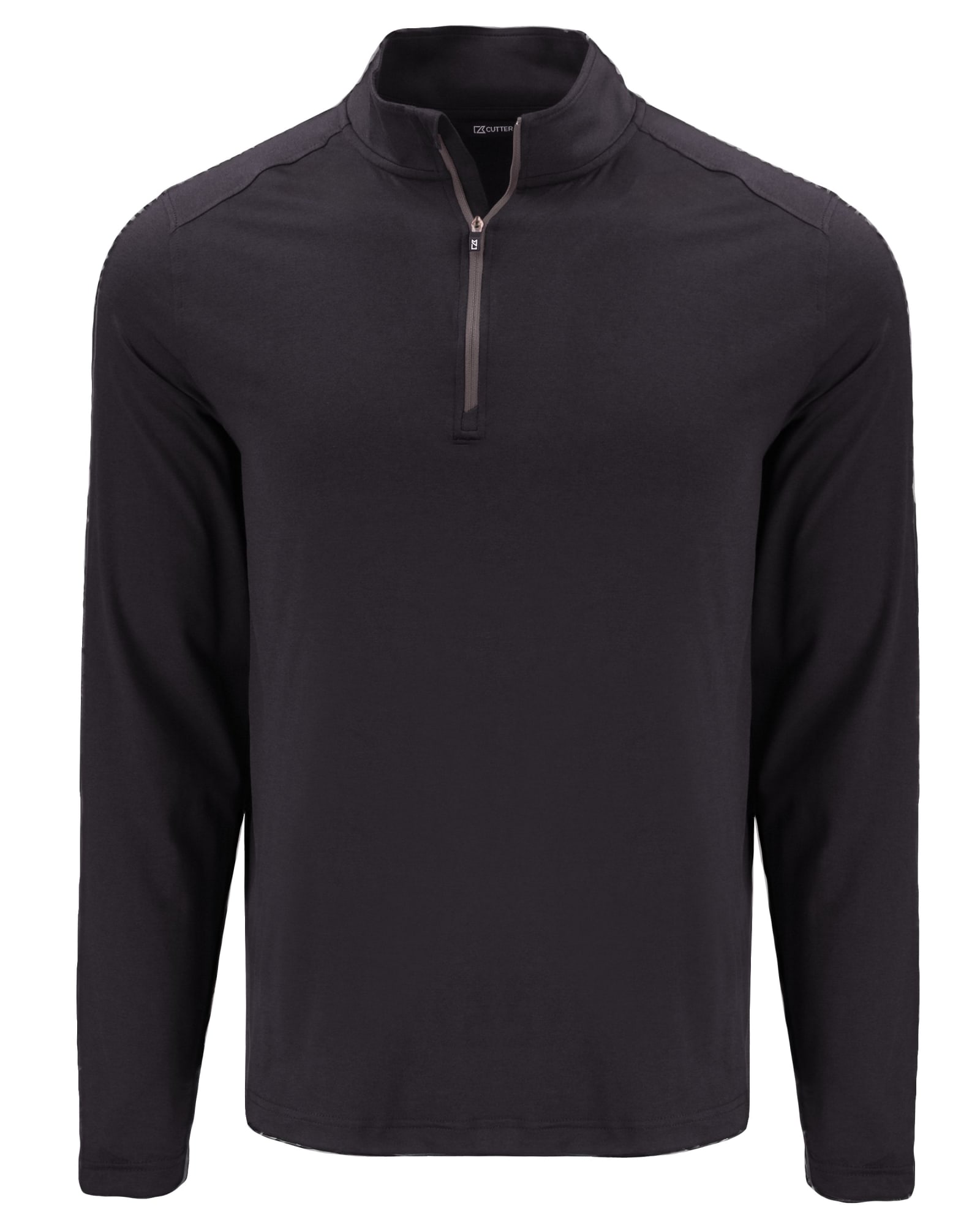 A dark grey quarter-zip long sleeve top with a collar and a small zipper, featuring a logo on the chest.