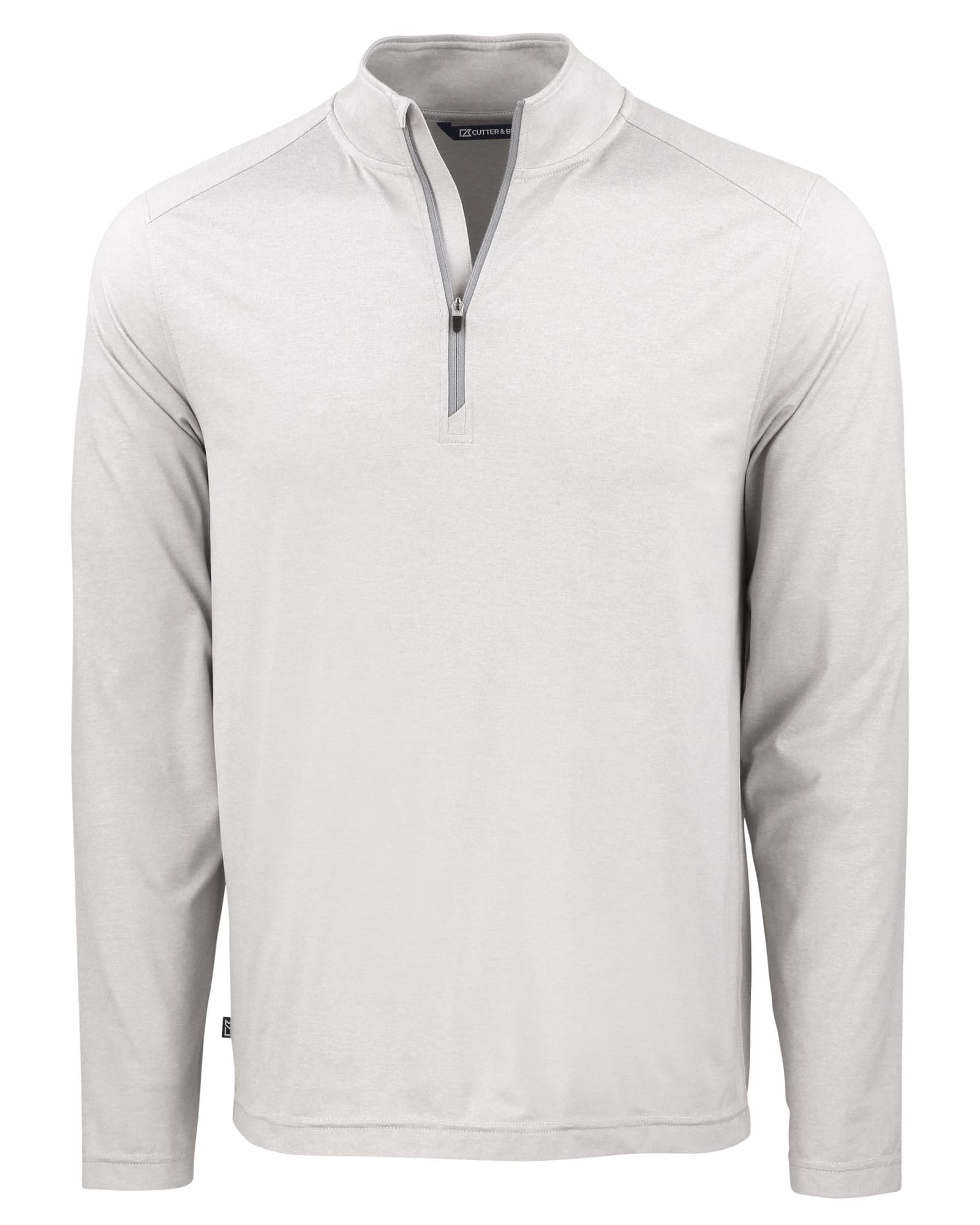 A light grey men's quarter zip pullover with long sleeves and a zippered collar, featuring a logo.