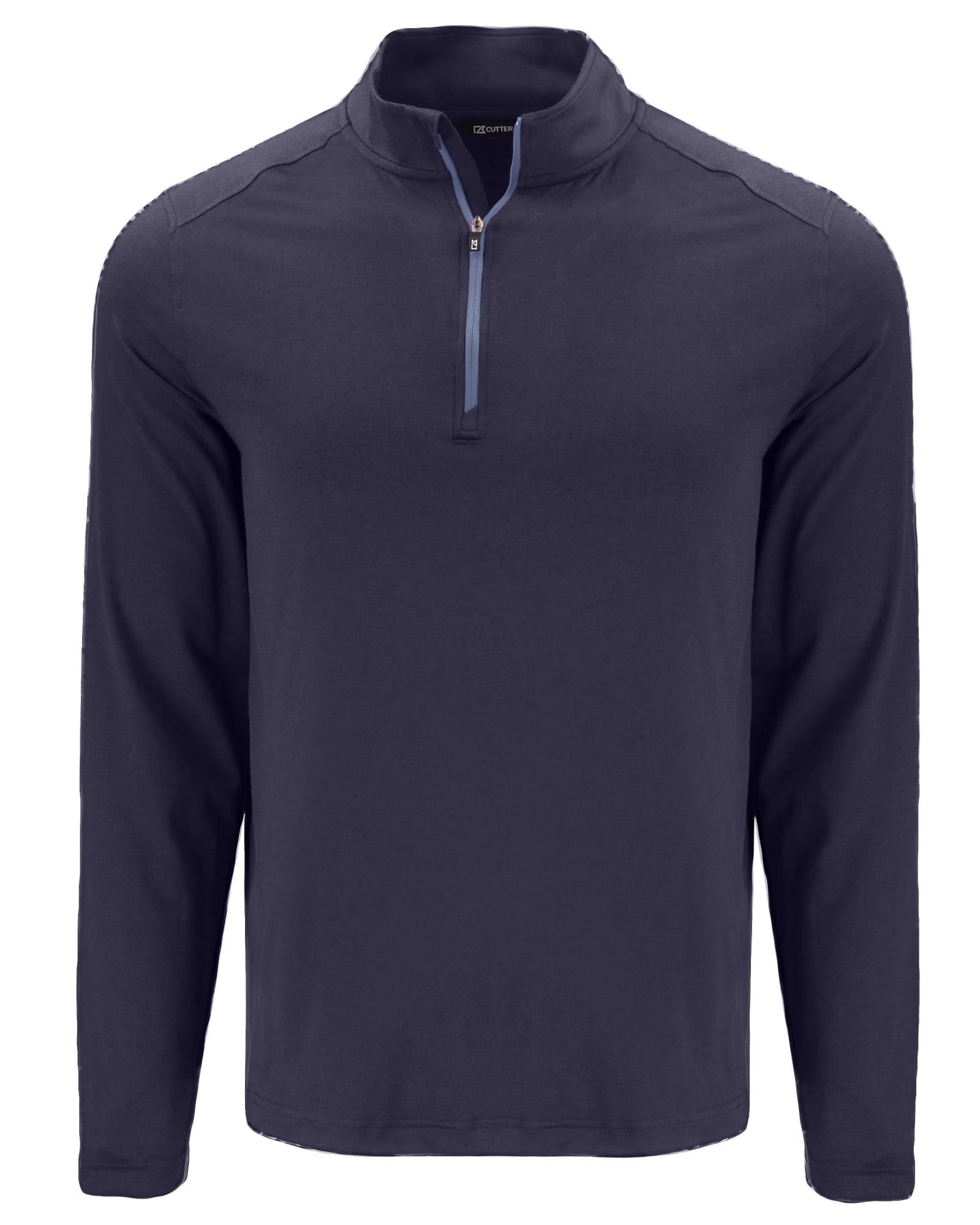 A navy blue quarter zip pullover with long sleeves, featuring a zippered neck and a logo.