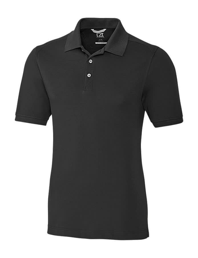 A black polo shirt featuring a classic collar, short sleeves, and a buttoned placket. It has a logo present.