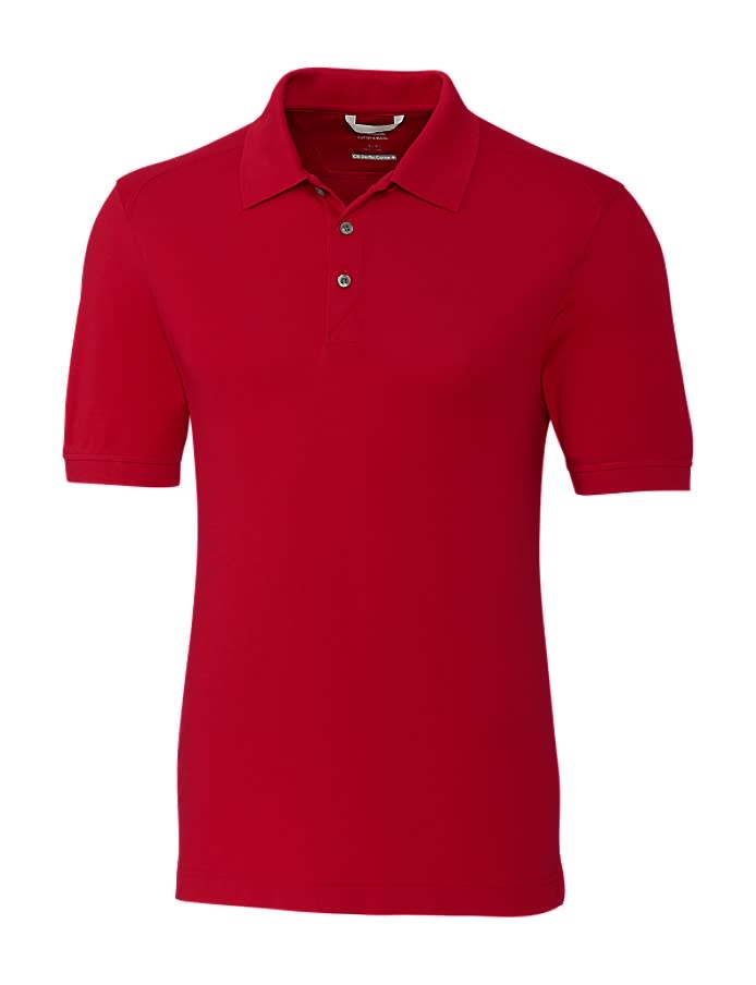 A red polo shirt with a three-button placket and short sleeves, featuring a logo on the chest.