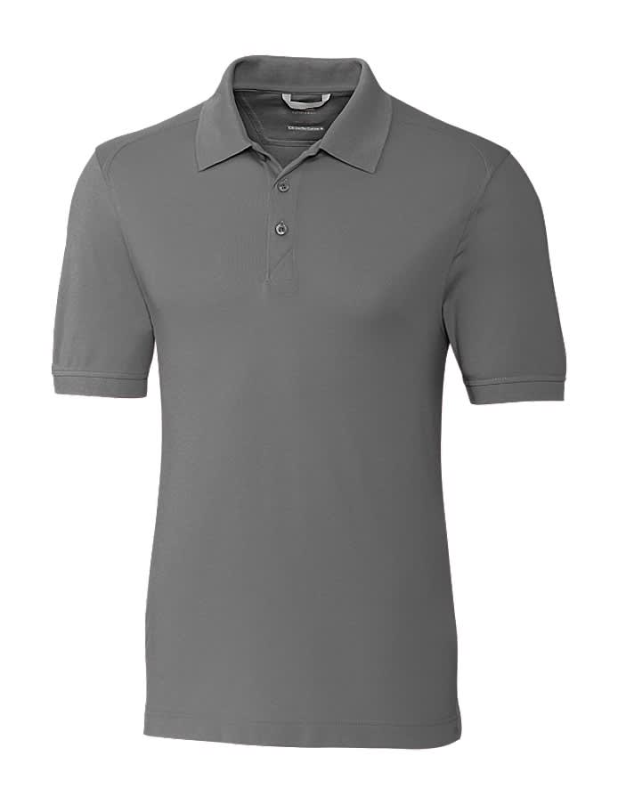 A grey polo shirt featuring a classic collar and short sleeves, with a logo on the chest.