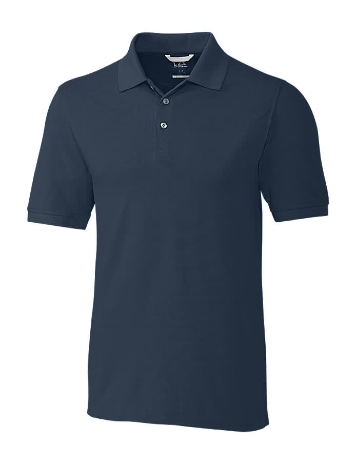 A navy blue polo shirt with a collared neckline, short sleeves, and a logo on the chest.