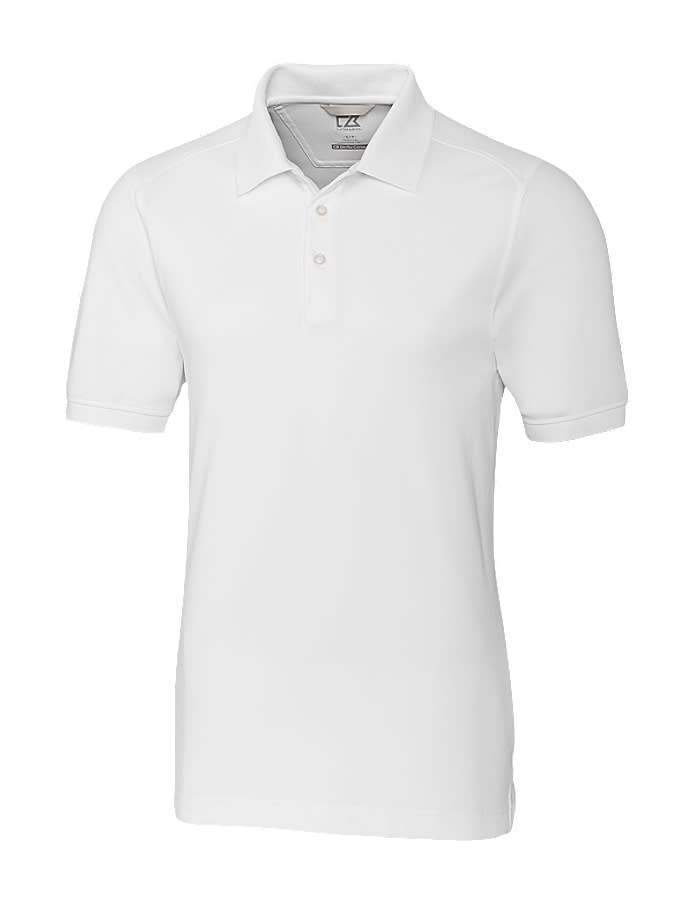A white polo shirt featuring a collar, short sleeves, and a logo on the chest.