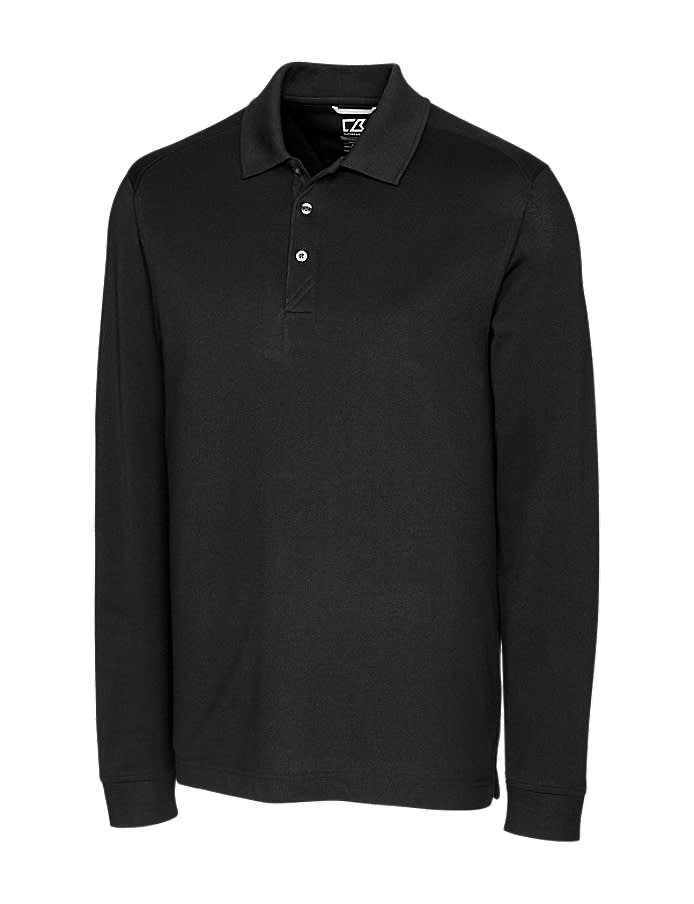 A black long sleeve polo shirt featuring a collar and buttons, with a small logo on the chest.