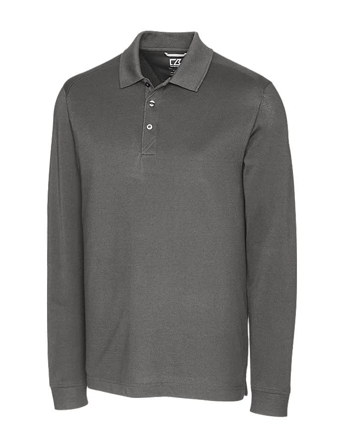 A long sleeve polo shirt in a grey colour, featuring a collar and buttons. It has a logo on the chest.