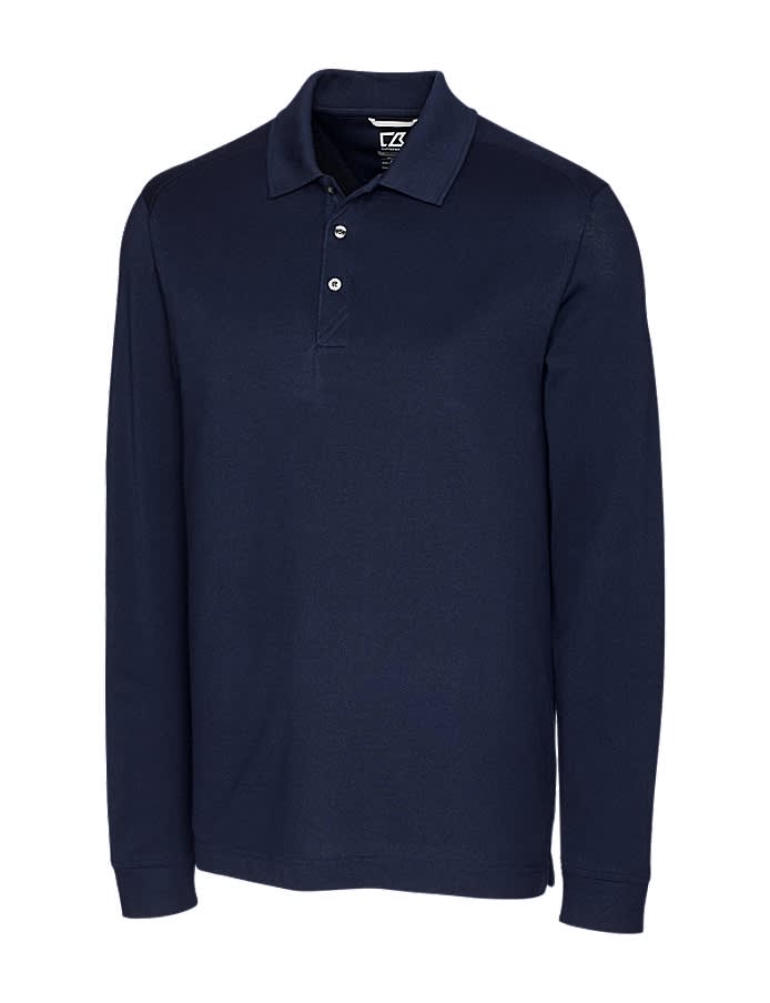 A navy long sleeve polo shirt with a three-button placket and a logo on the chest.