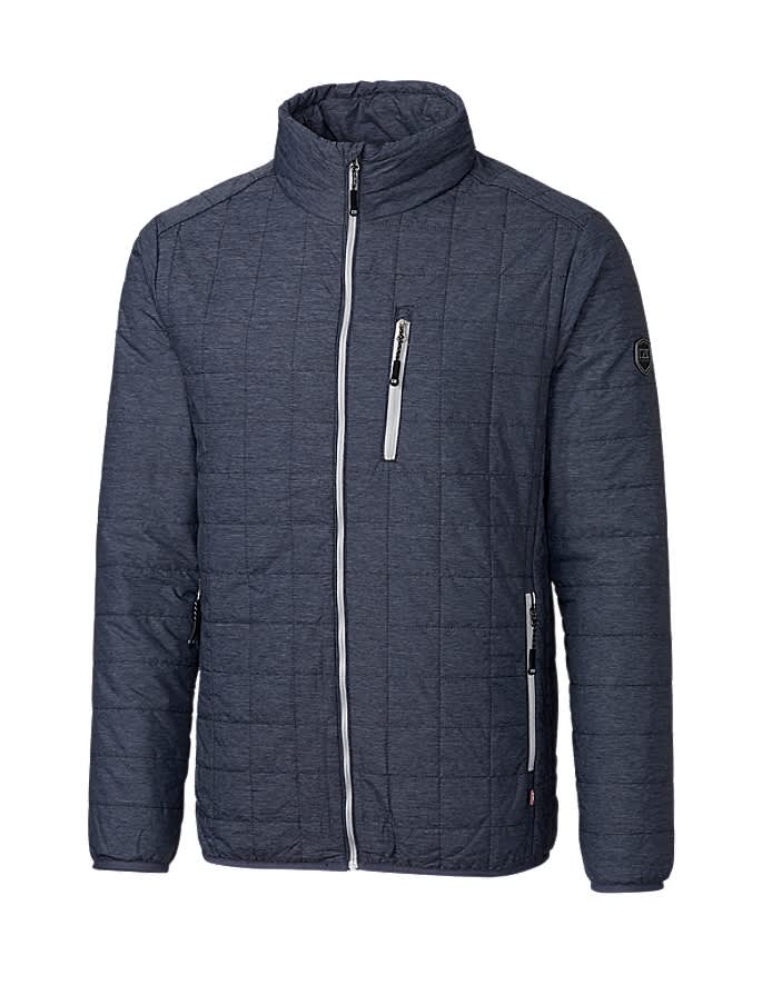 A men's quilted rain jacket in dark grey, featuring a high collar and zippered pockets, with a logo on the sleeve.