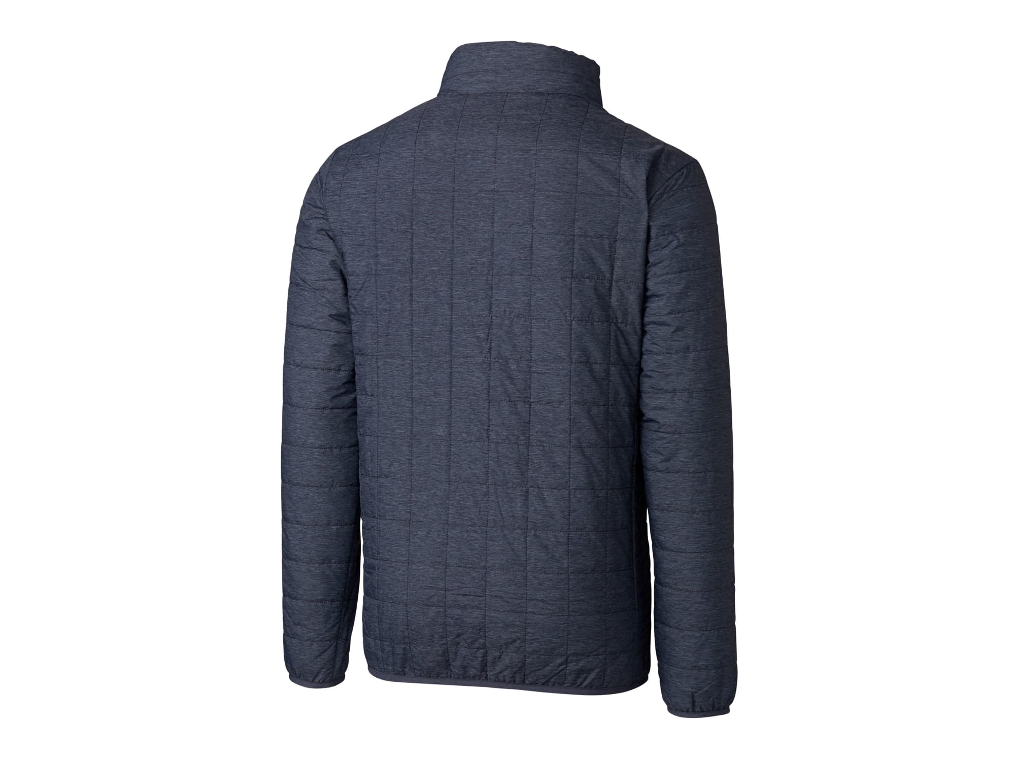 A dark blue men's rain jacket with a quilted texture and a high collar, featuring branding on the back.