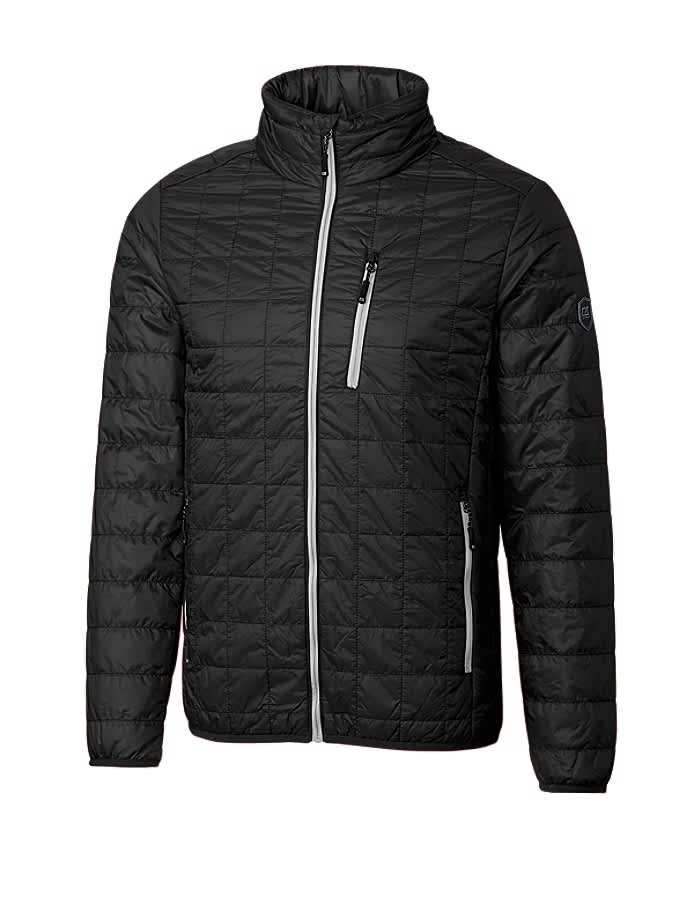 A black men's jacket with a quilted design, featuring a high collar, front zip, and zippered pockets.