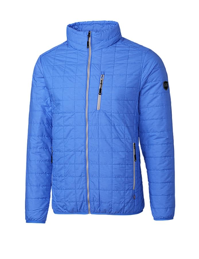 A blue men's rain jacket with a quilted pattern, featuring a zippered front and pockets, and a logo on the sleeve.