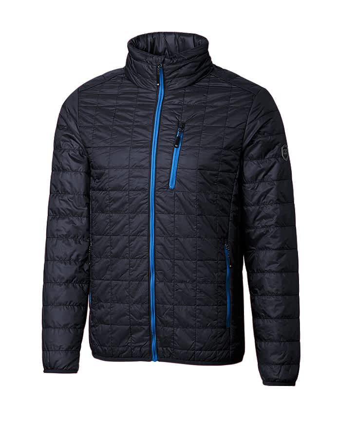 A men's rain jacket in black with blue accents and a zippered front, featuring a high collar and a logo.