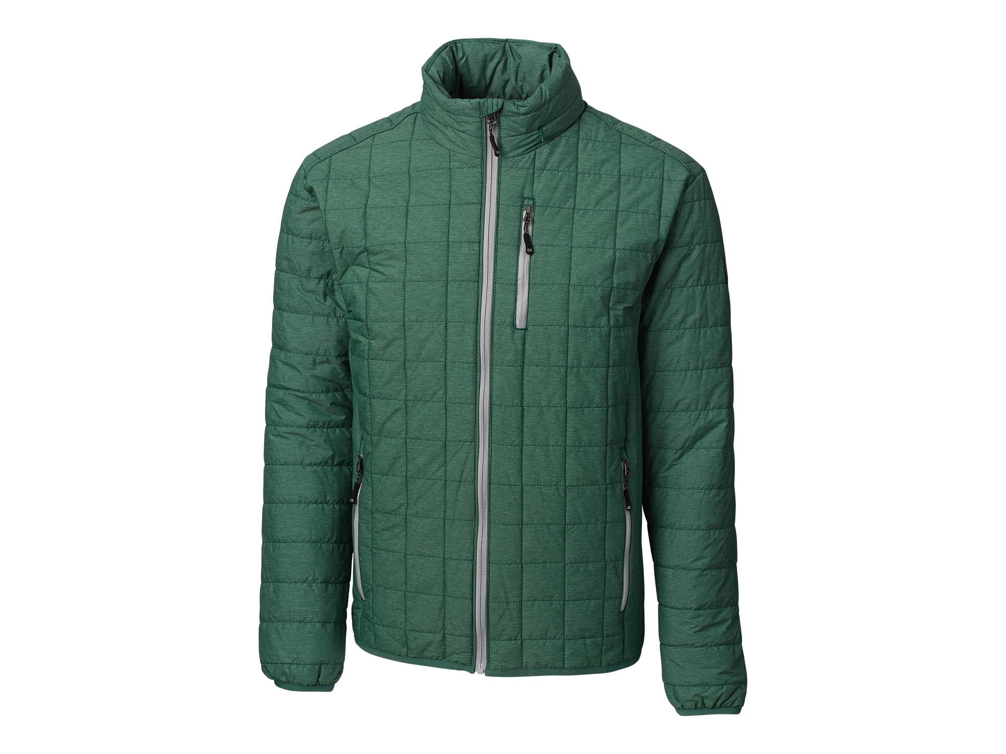 A green quilted rain jacket with a zip front and stand-up collar, featuring a logo on the chest.