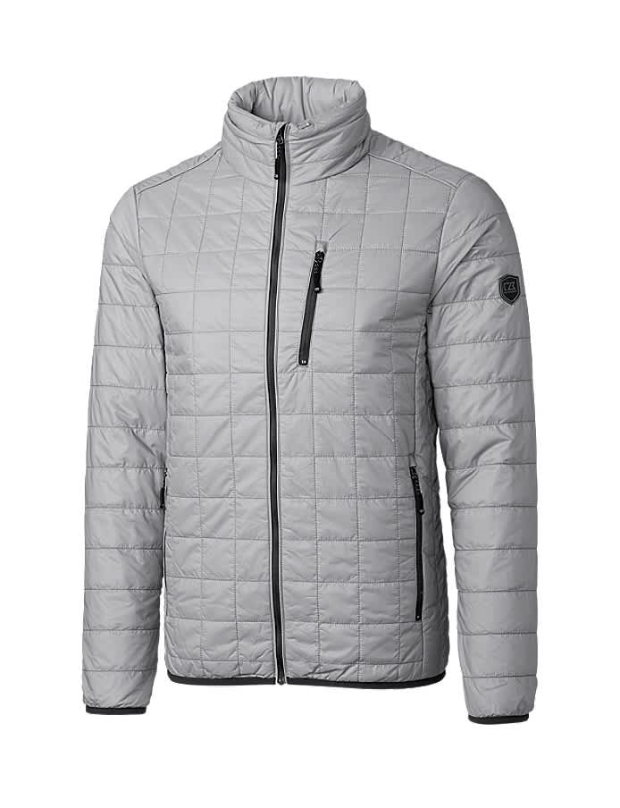 A grey, quilted rain jacket with a high collar and zippered pockets, featuring a logo on one sleeve.