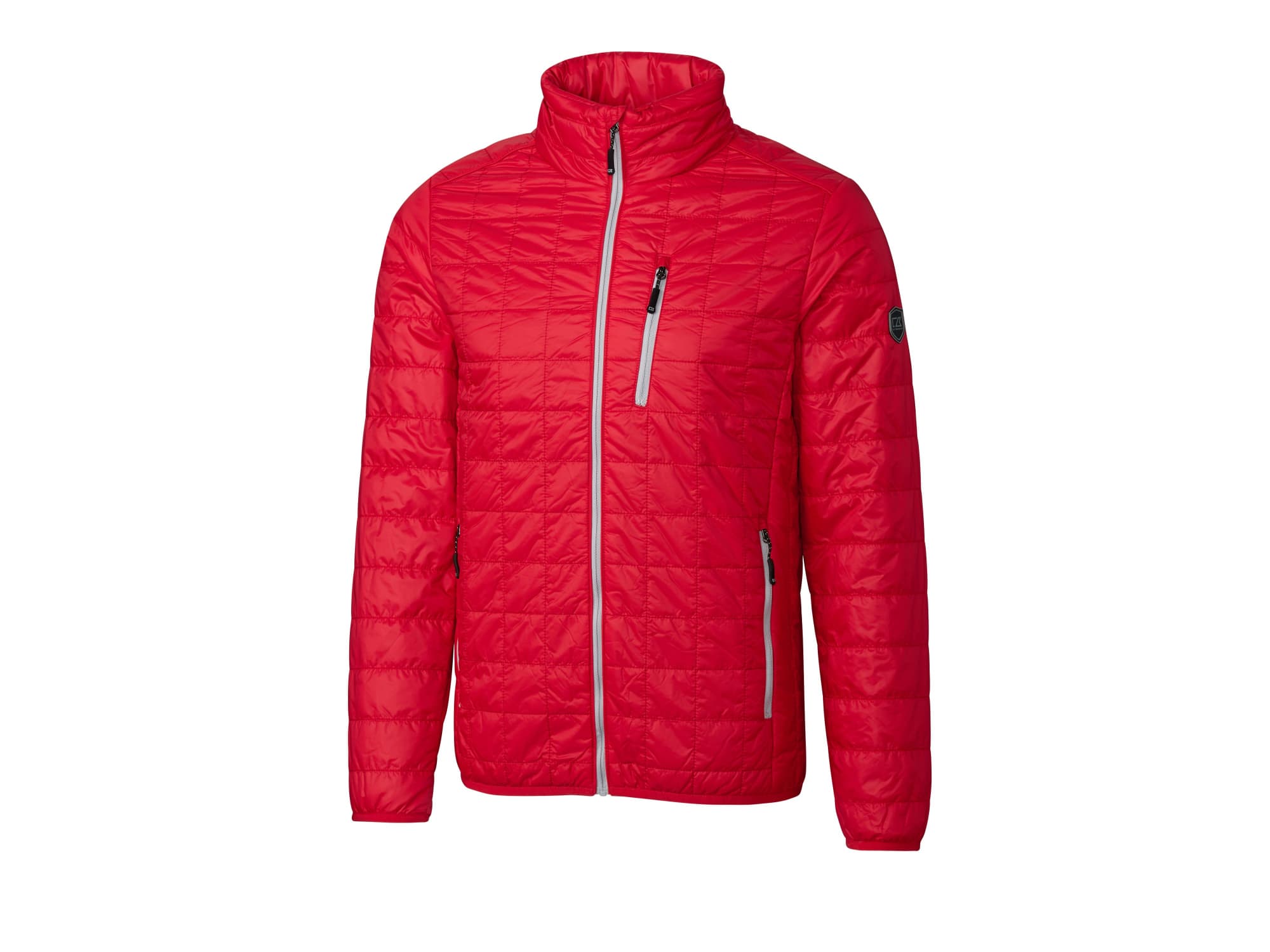 A red weather jacket featuring a high collar and zippered pockets, with branding on the sleeve.
