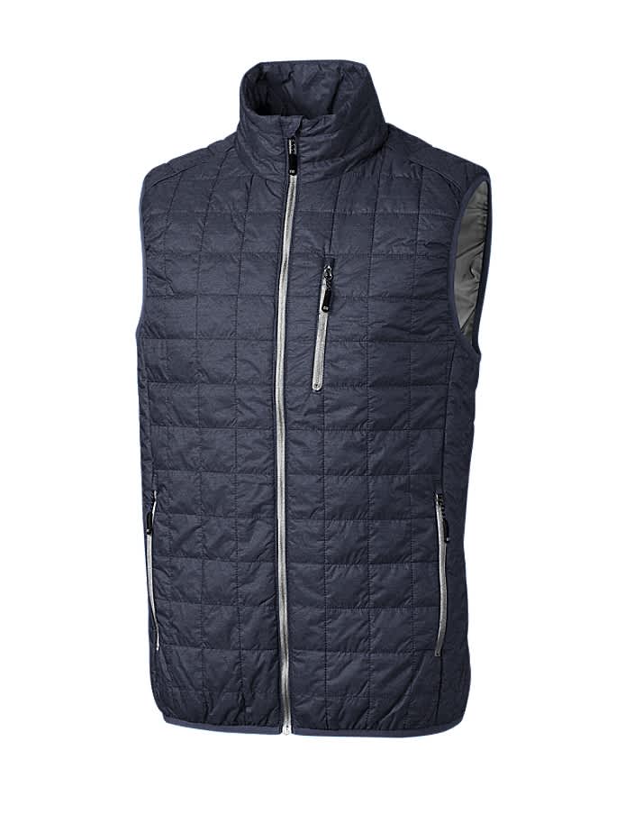 A dark blue quilted vest with a high collar and multiple zippered pockets. It features a logo on one side.