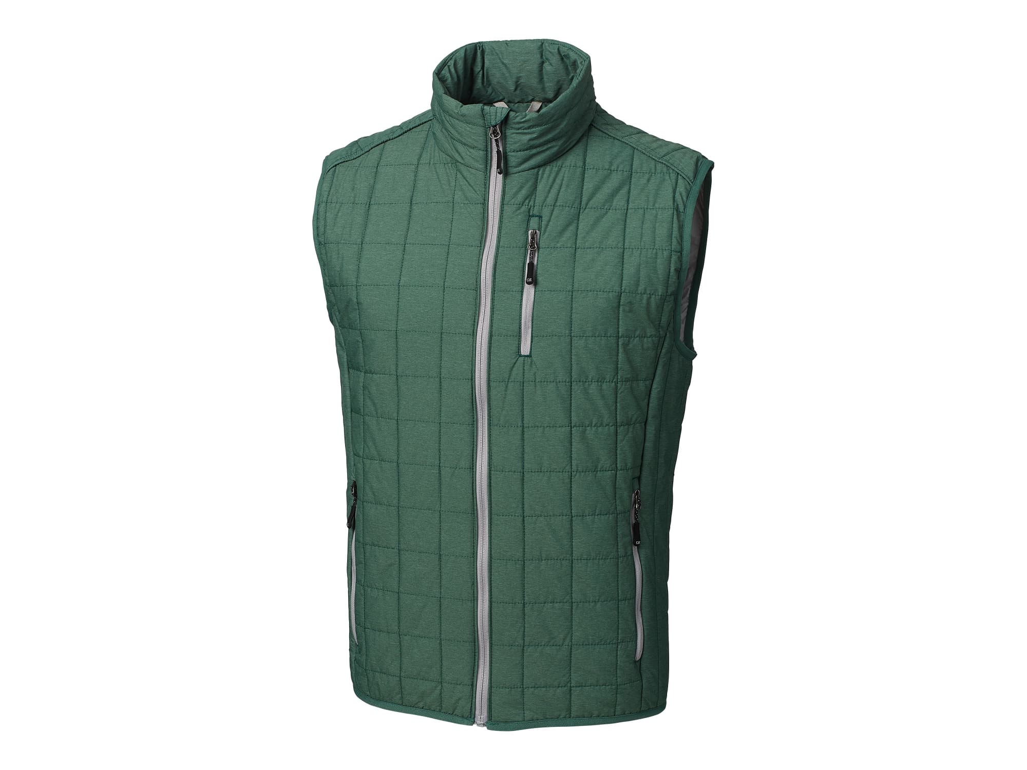 A green quilted vest with a high collar, zippered pockets, and a logo on it.