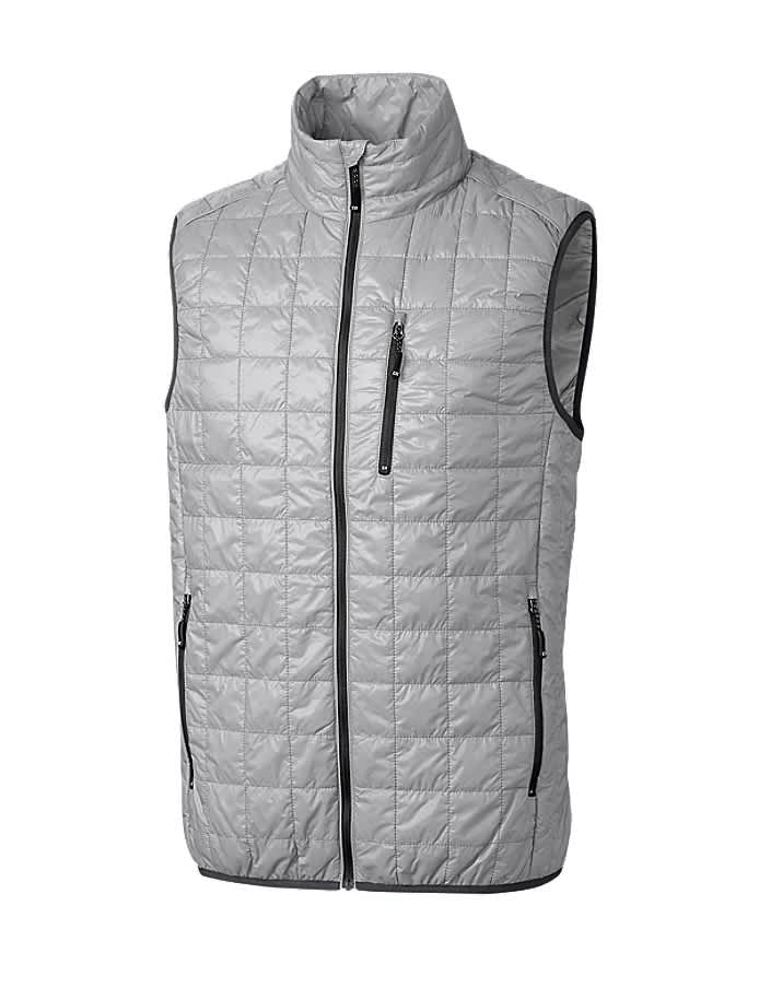 A grey quilted men's vest featuring a high collar and zippered pockets. It has a logo on one side.