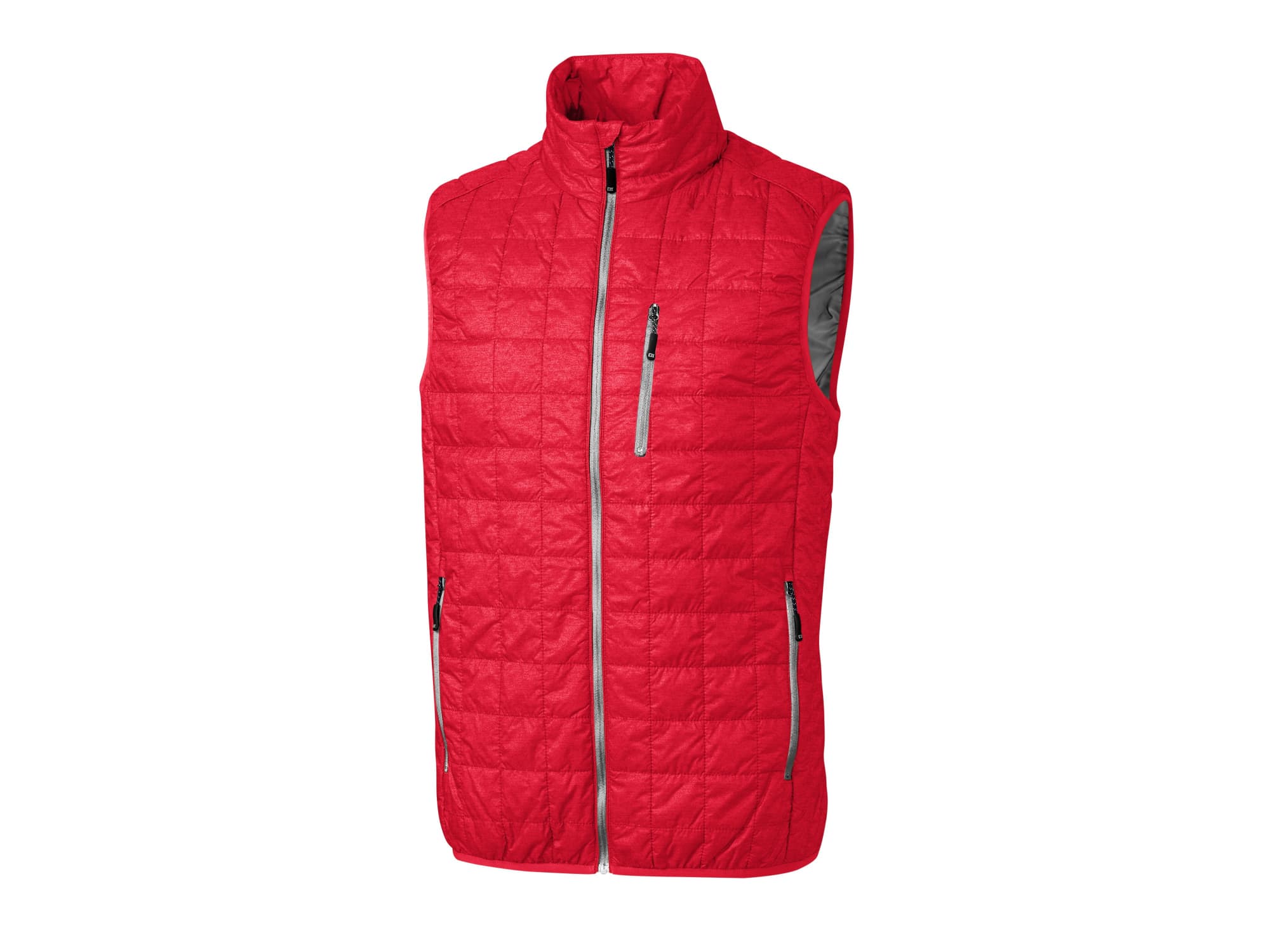 A red men's vest featuring a quilted design, with zippered pockets and a high collar. It has a branding logo.