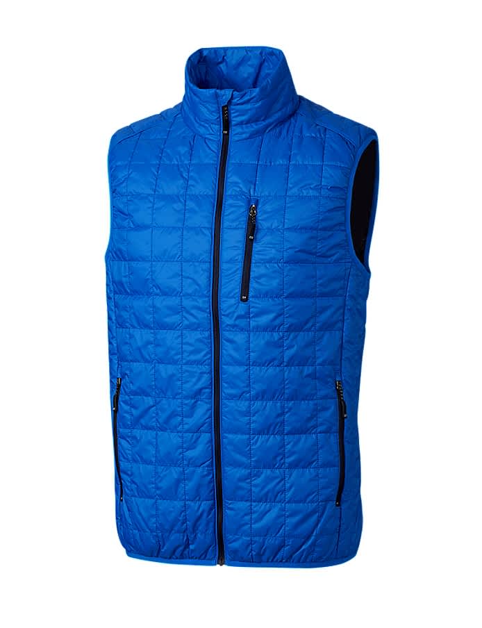 A blue men's vest with a quilted design and zippered pockets. It features a high collar and has a logo.