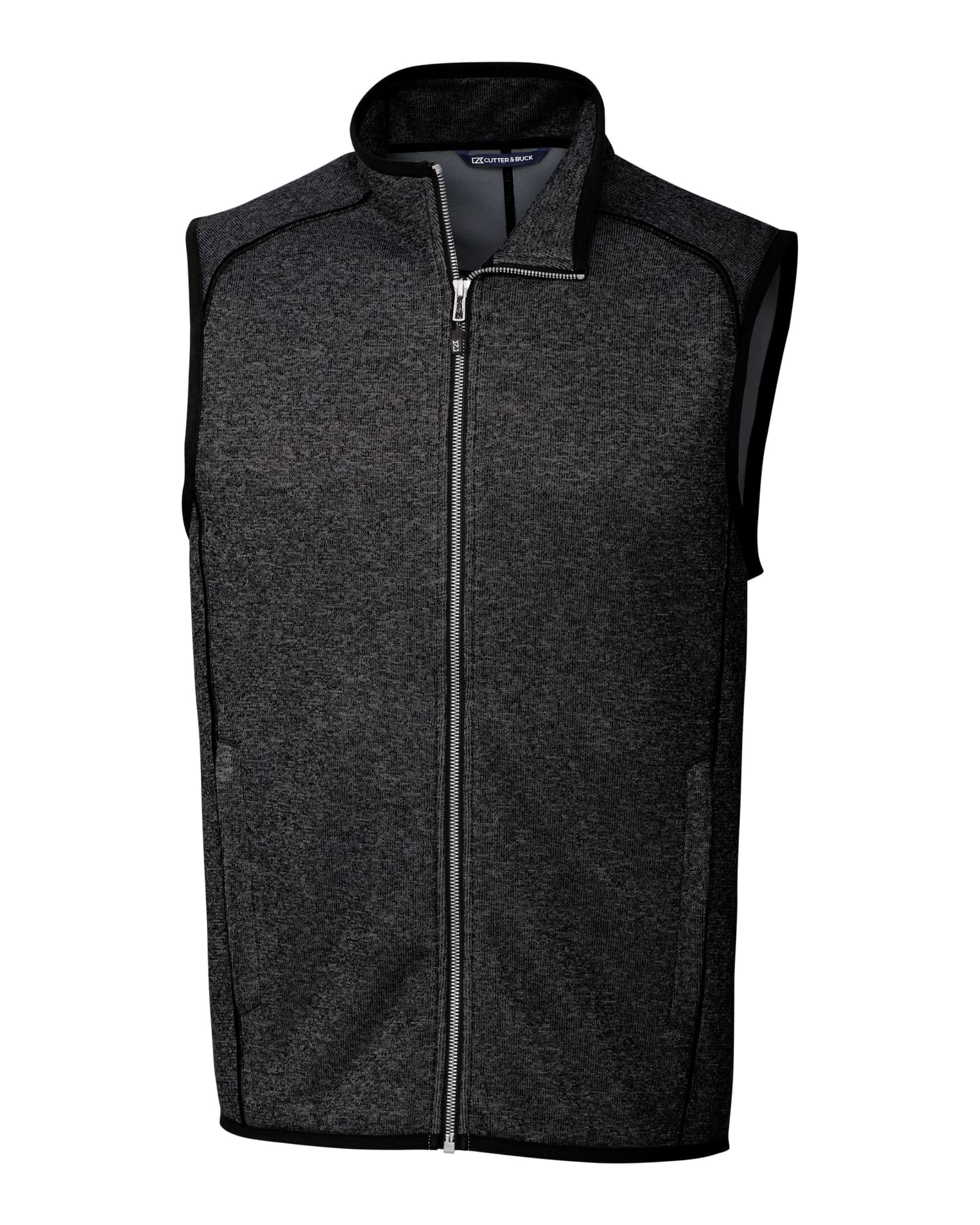 A men's sleeveless vest in a dark grey colour with a zippered front and stylish design, featuring a logo.
