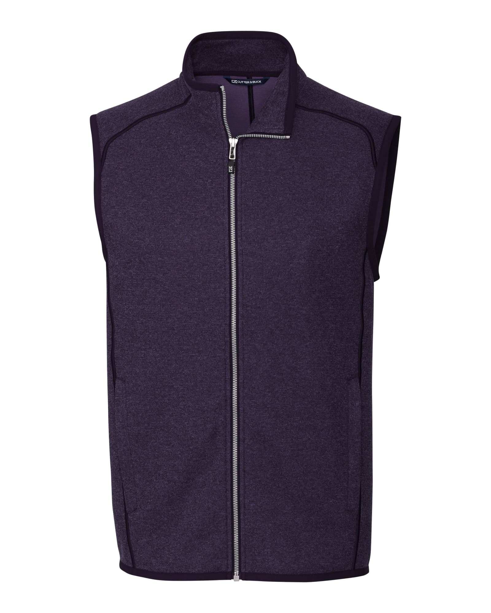 A men's sleeveless vest in a dark purple fabric featuring a front zip and a contrasting inner lining.