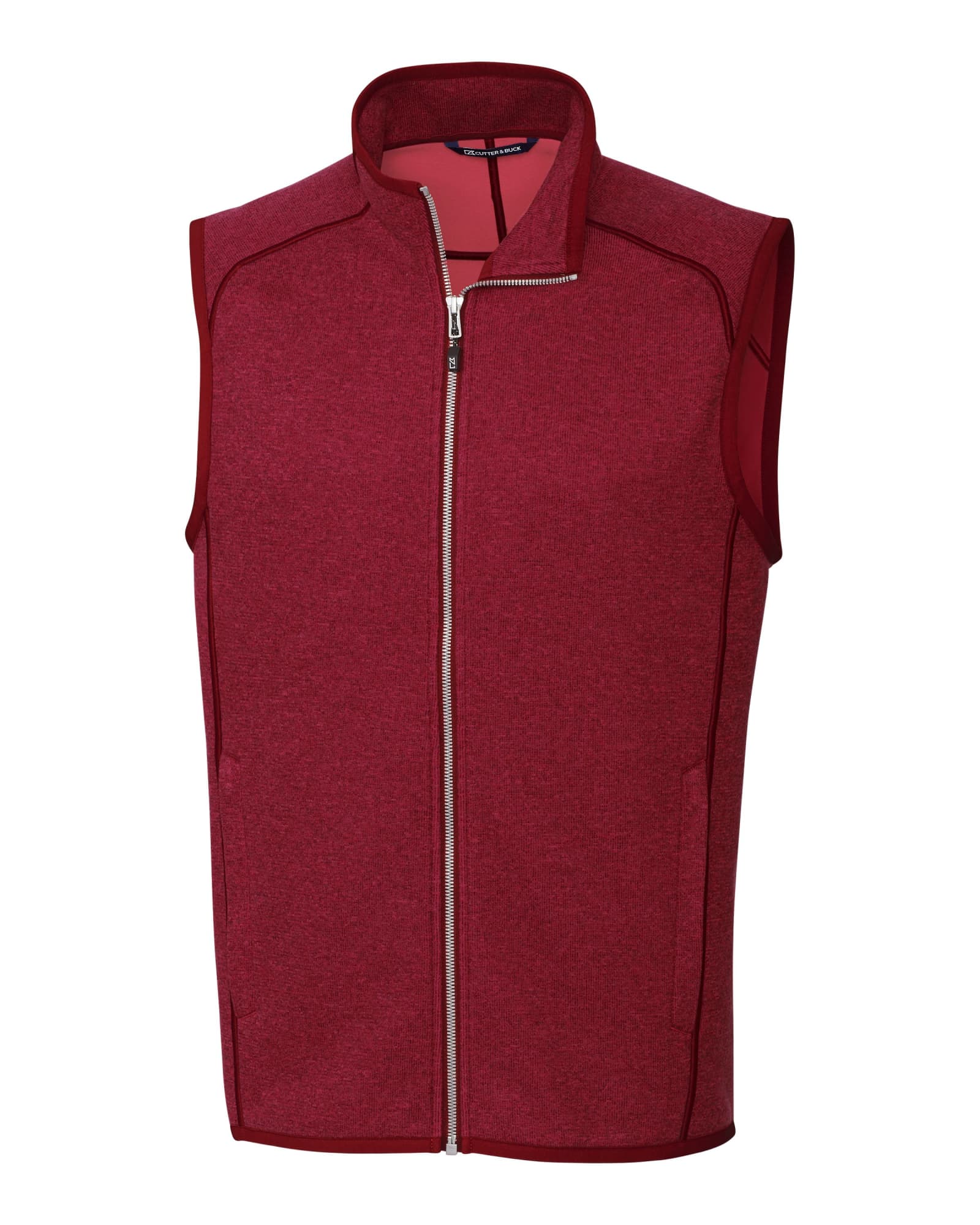 A red sleeveless vest with a high collar and zip front, featuring contrasting inner lining and a logo.