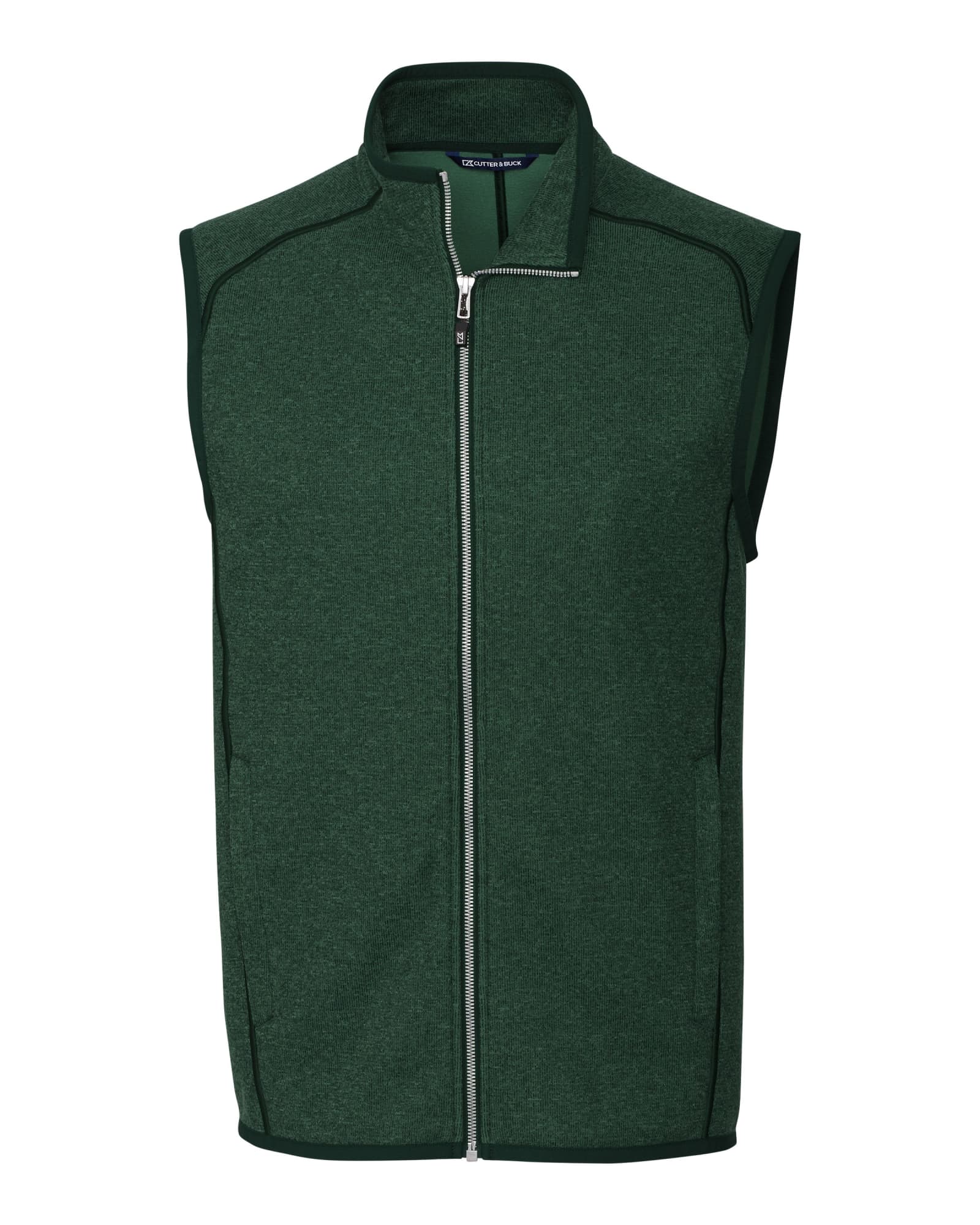 A green sleeveless vest with a zippered front and contrasting trim, featuring a logo.