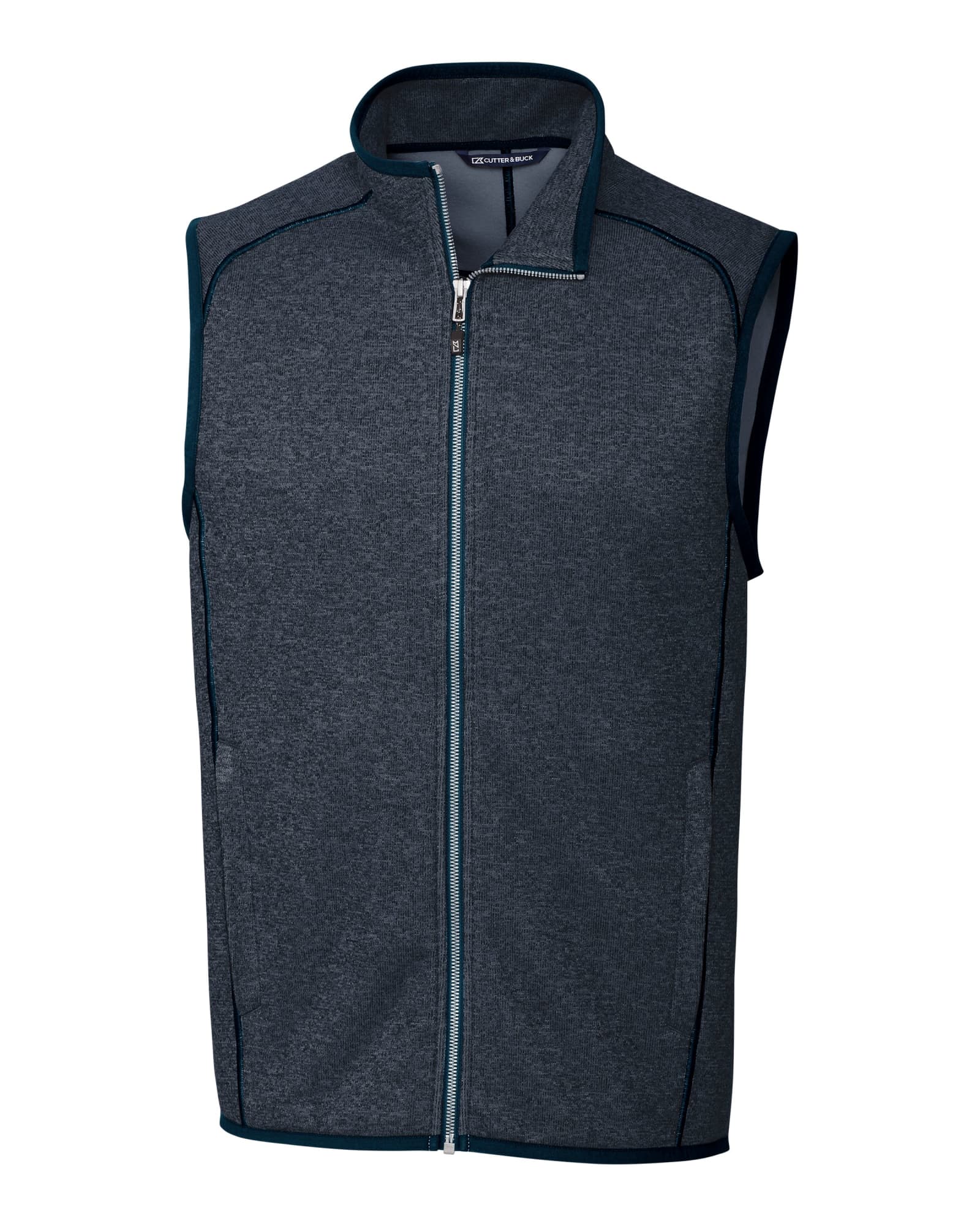 A grey sleeveless vest with a zip closure and contrasting trim, featuring a logo on the chest.