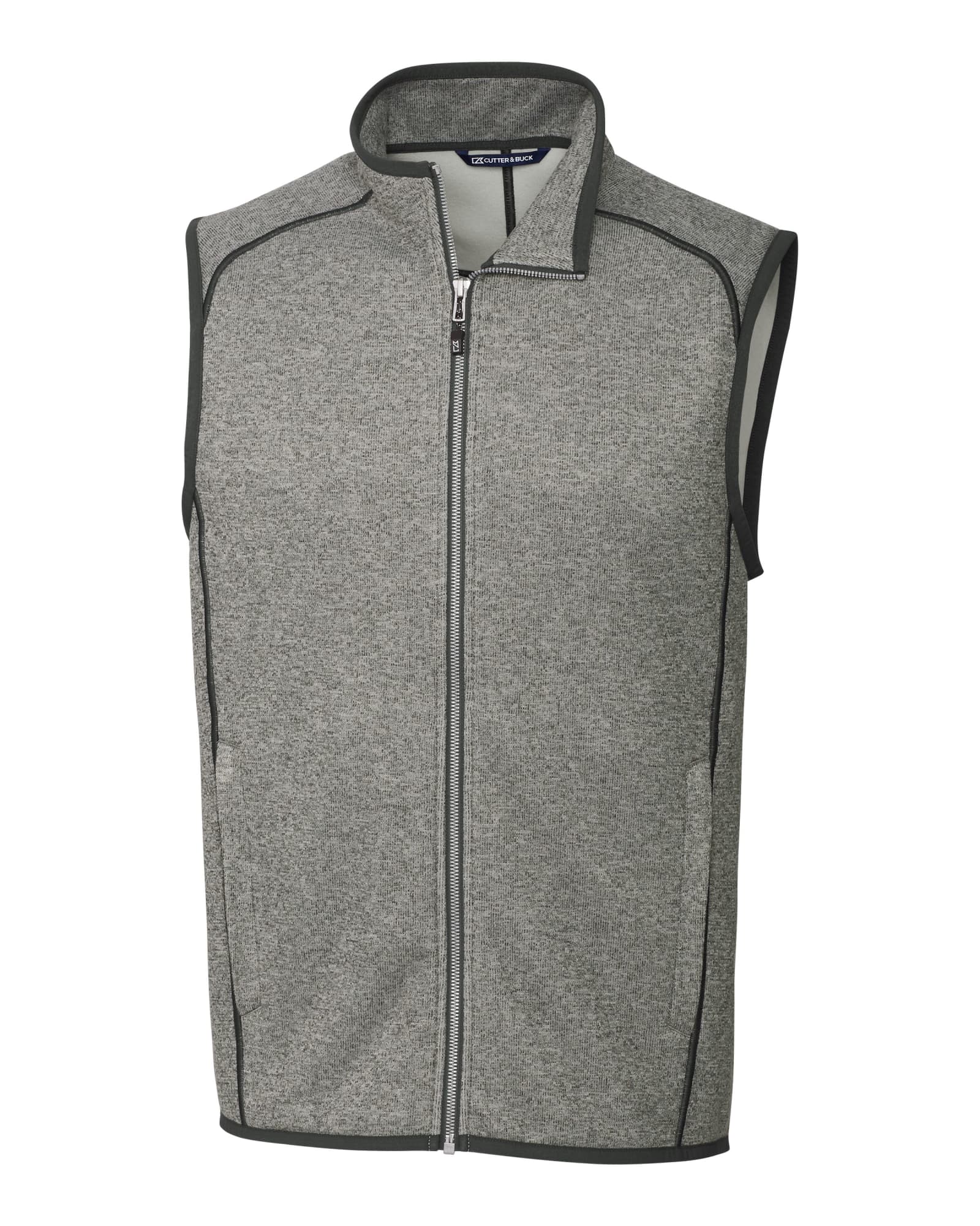 A grey men's vest with a zip front and contrasting trim, featuring a logo on the chest.