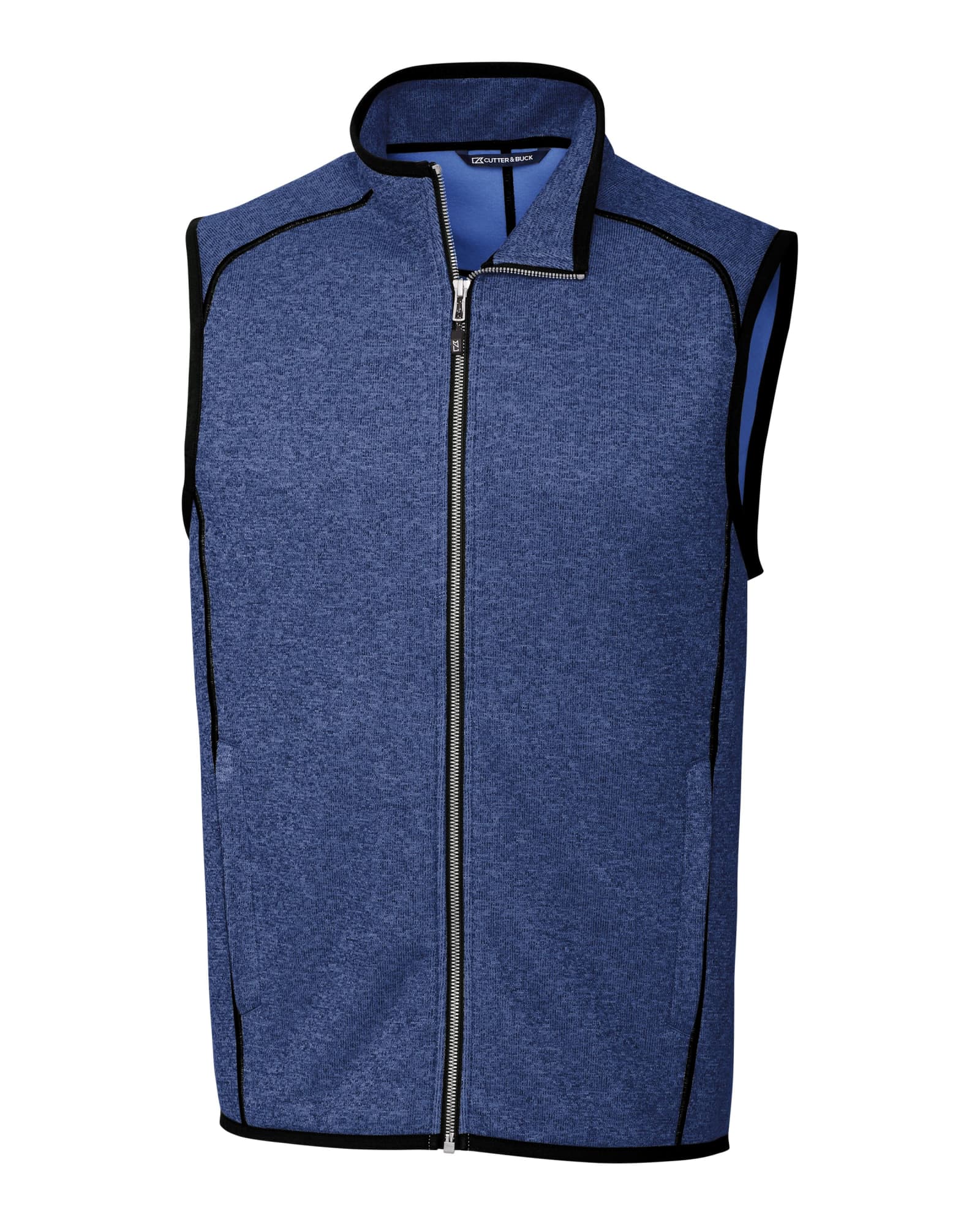A blue men's vest featuring a zip front, sleeveless design, and contrasting seams, with a logo on the fabric.