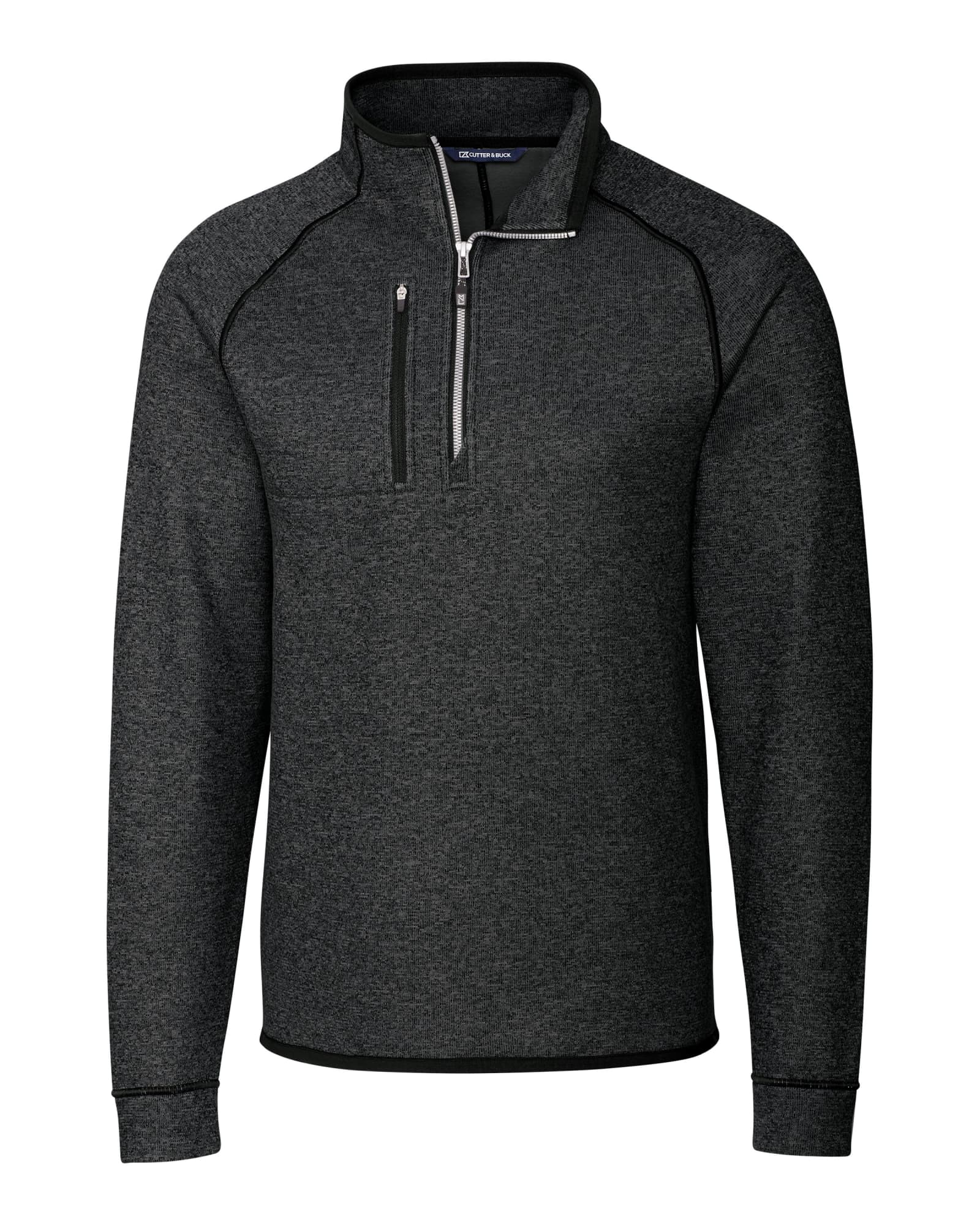 A polar fleece half zip jacket in dark grey with a zippered chest pocket and a logo.