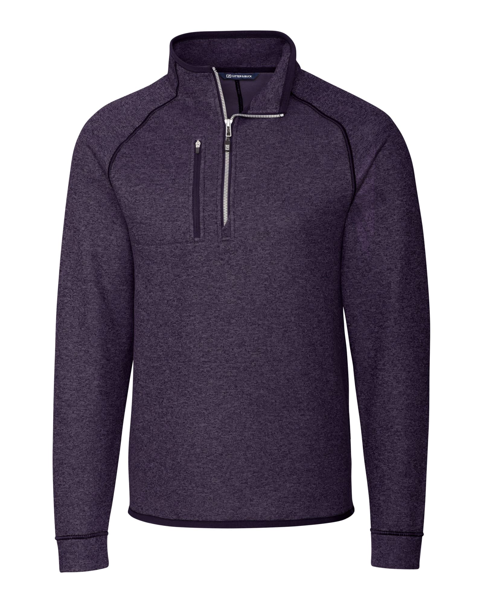 A purple men's half-zip jacket made of polar fleece, featuring a front pocket and a logo.