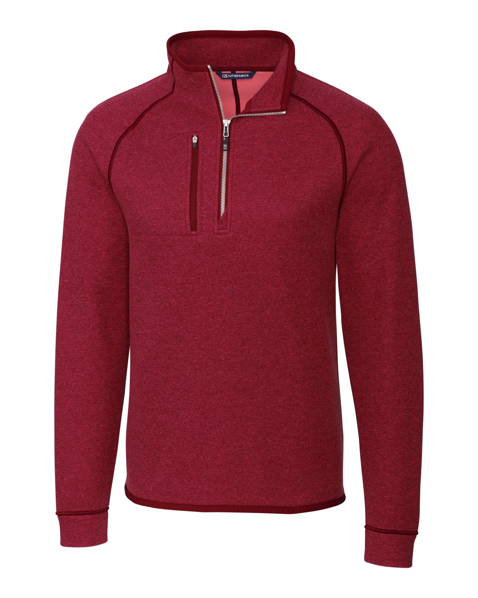 A red half zip jacket made of polar fleece, featuring a zippered collar and long sleeves, with a logo.
