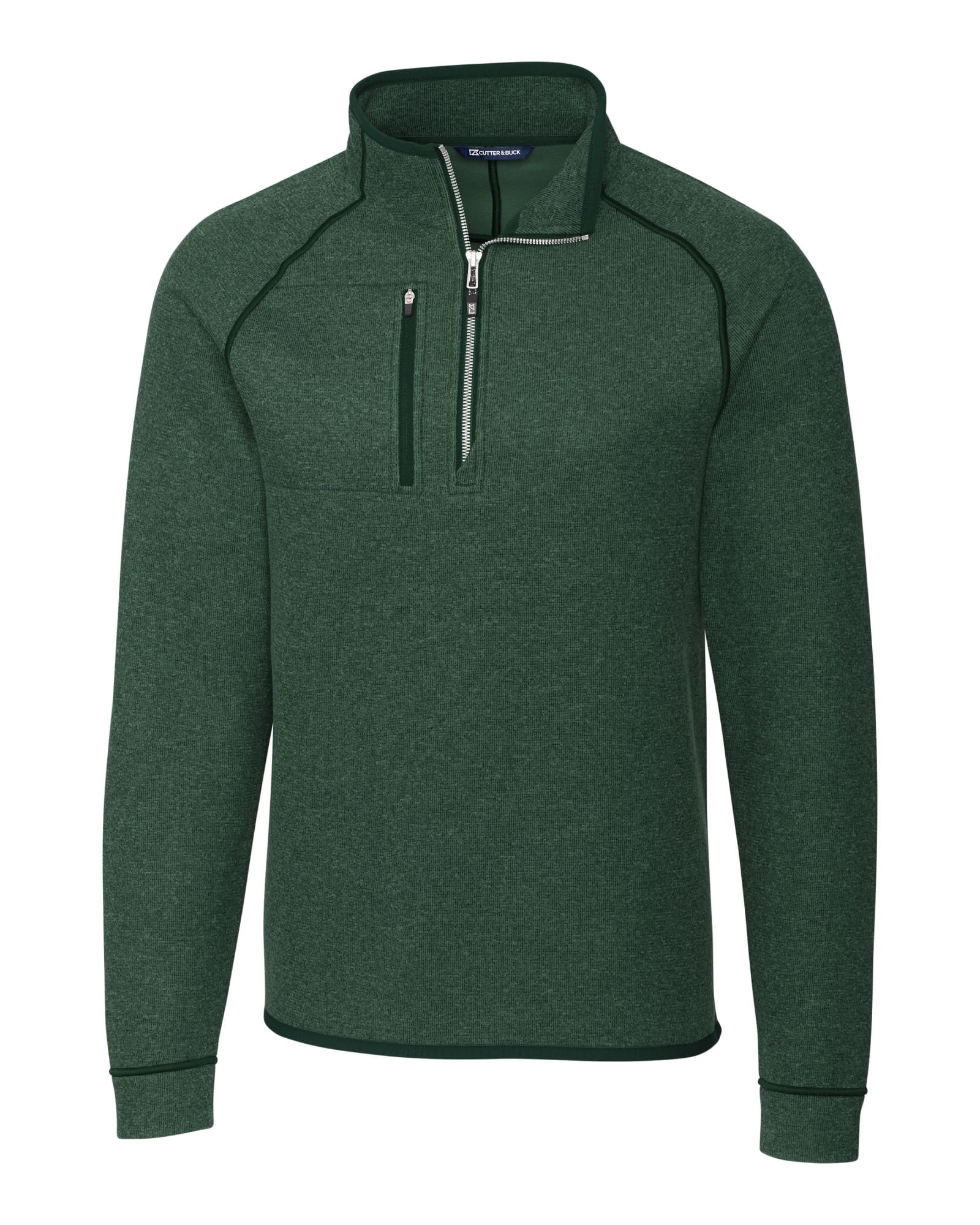 A green half zip jacket made of polar fleece, featuring a front pocket and a logo on the chest.
