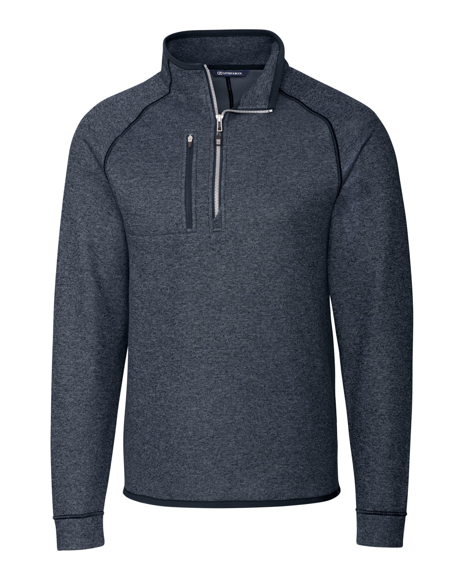 A navy polar fleece half zip jacket featuring a collar and a logo on the chest.